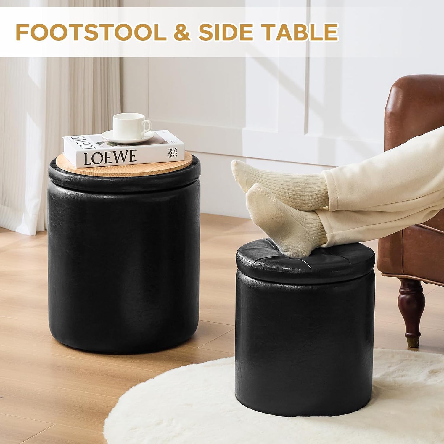 Round Ottoman with Storage Set of 2, 12.6" W x 14.17" H & 14.76" W x 17.32" H Faux Footstool Storage Ottomans for Bedroom, Living Room Padded Coffee Table Ottomen, Black