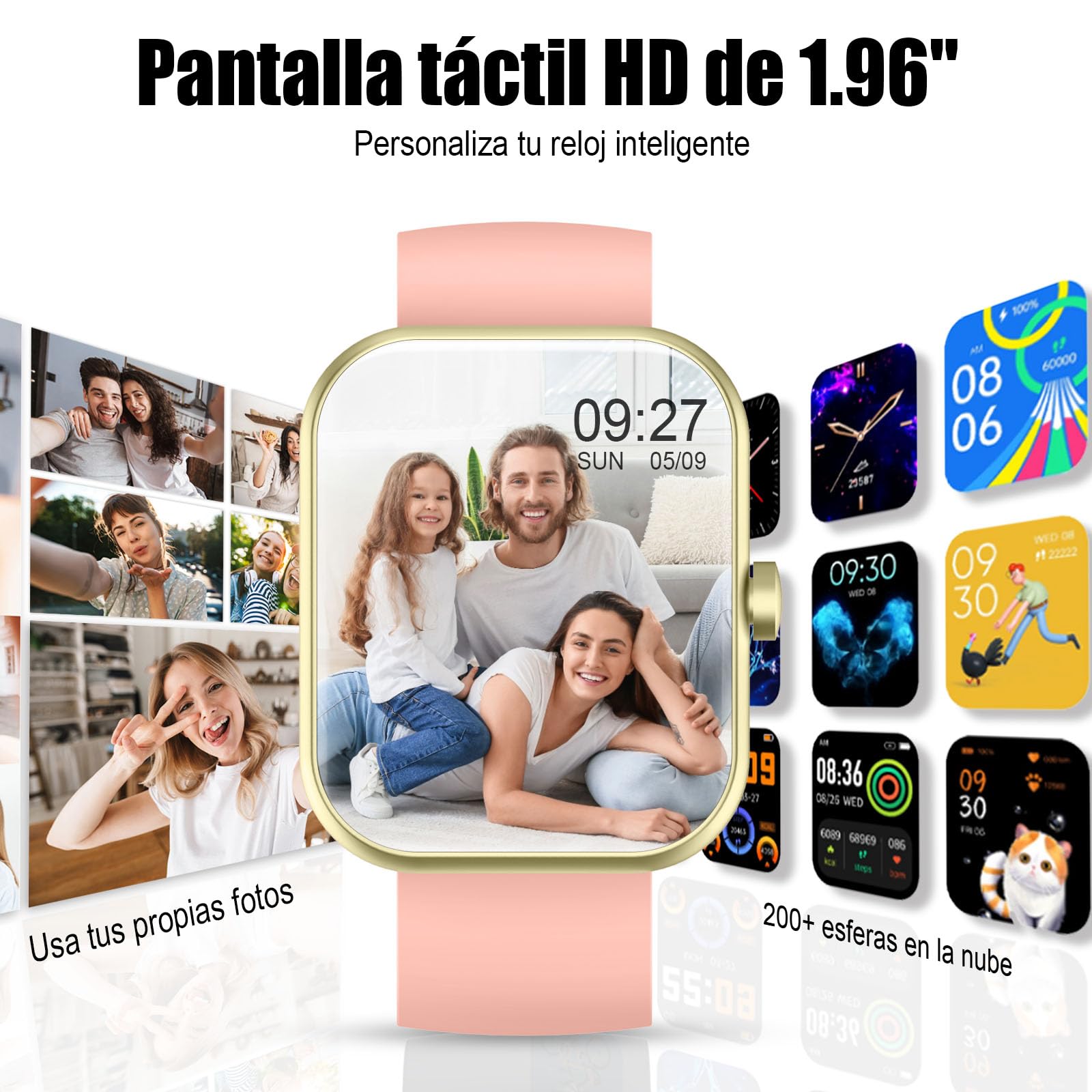 Reloj Inteligente Hombre Mujer, 2025 Nuevo 1.96'' Smartwatch Llamada Bluetooth, Pulsómetro/Monitor de Sueño/Podómetro, 110+ Modos Deportivo Hombre,Pulsera Actividad Impermeable IP68 para Android, Rosa