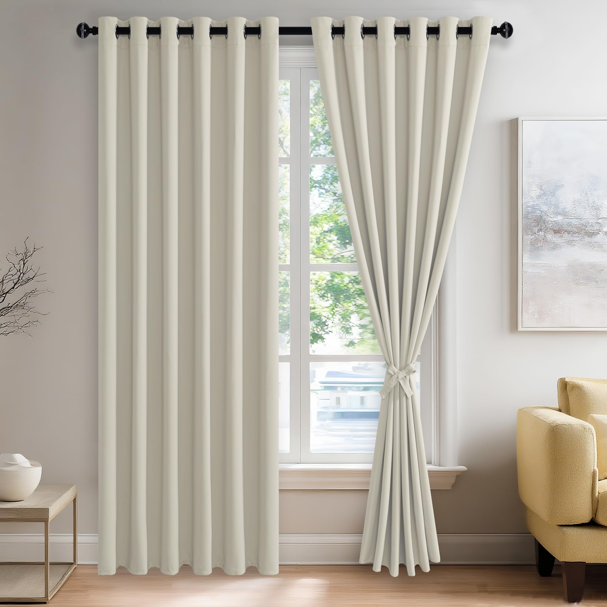 JIUZHEN Ivory Blackout Curtains with Tiebacks - Thermal Insulated, Light Blocking and Noise Reducing Grommet Curtains for Bedroom and Living Room, Set