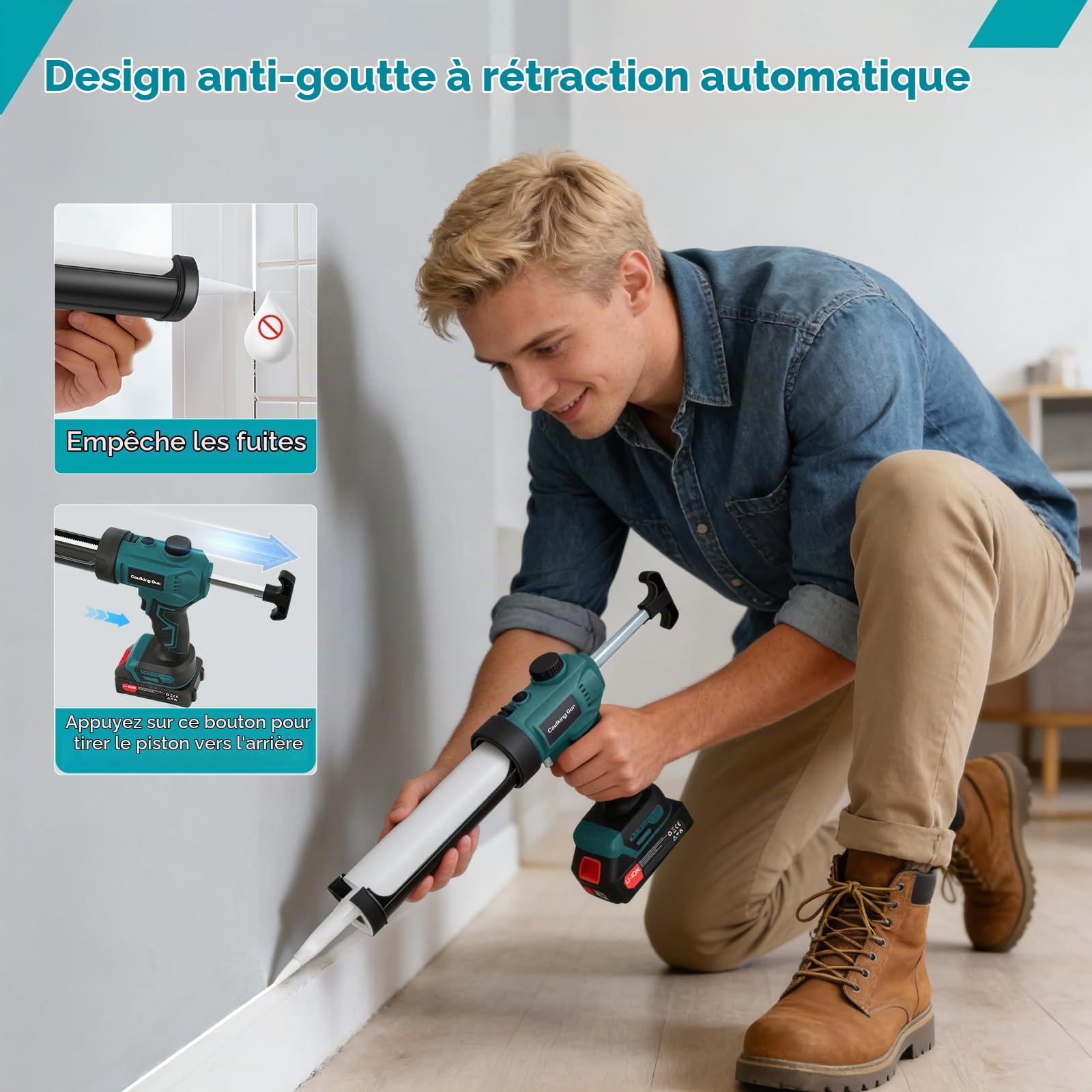 Pistolet à Silicone Électrique avec 2 x 2000 mAh Batterie, Pistolet à Cartouche sans Fil de 300 ml, Lumière LED, Compatible avec Ma@kita Batteries 18V pour l’Étanchéité, le Masticage