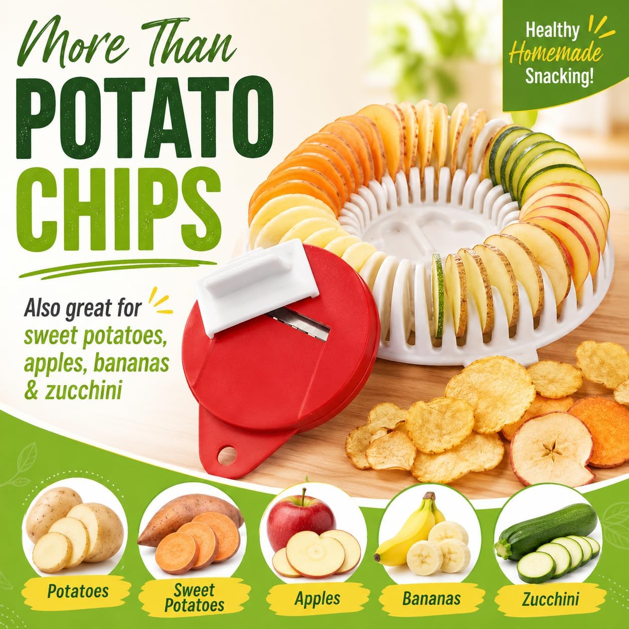 Microwave Potato Chip Maker with Handheld Slicer, Oil-Free Chip Rack Tray for Potatoes, Sweet Potatoes, Apples, Zucchini & Bananas, BPA-Free, Instructions Included image 4