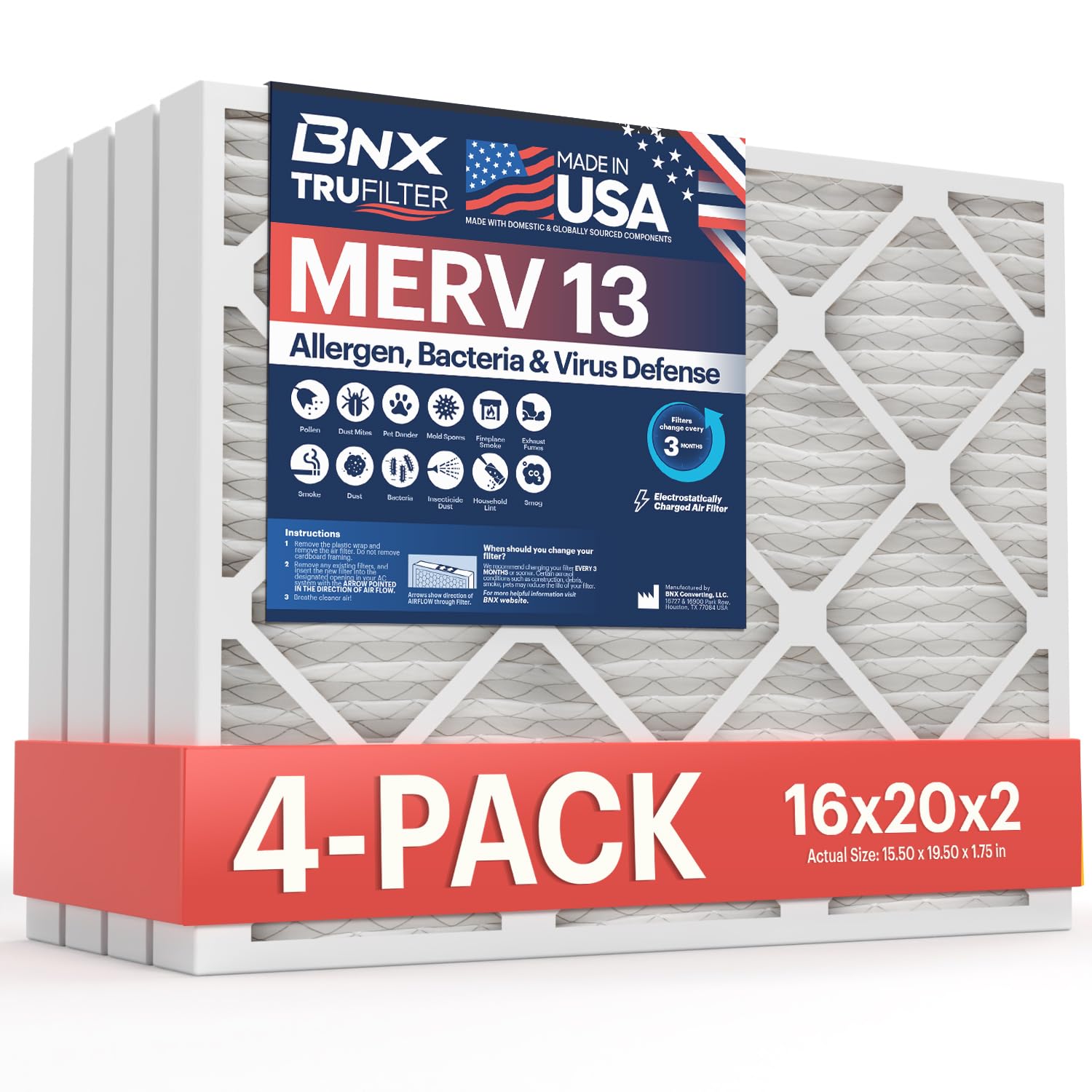BNX TruFilter 16x20x2 MERV 13 4-Pack