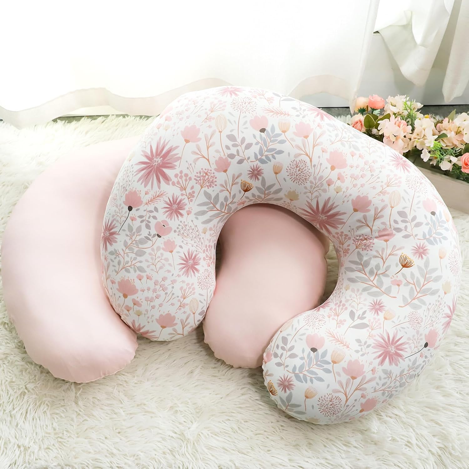 Nursing Pillow Covers & Baby Carseat Cover, Breastfeeding Pillow Cover & Infant Carseat Canopy for Baby Girls Boys, Soft Stretchy Nursing Pillowcase & Carrier Cover for Infant Newborn, Pink Flor