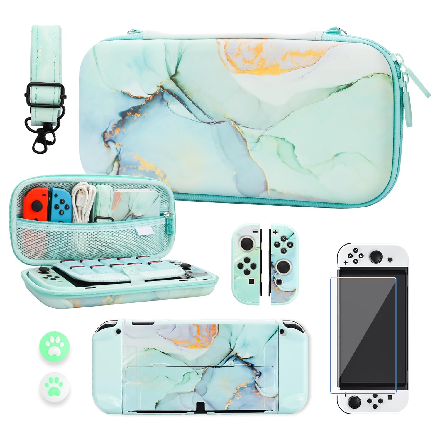 RHOTALL Carrying Case for Nintendo Switch Oled, Portable Hard Shell Green Marble Travel Storage Case with Protective Cover Skin, Screen Protector, Adjustable Shoulder Strap, 2 Thumb Cap (Green)
