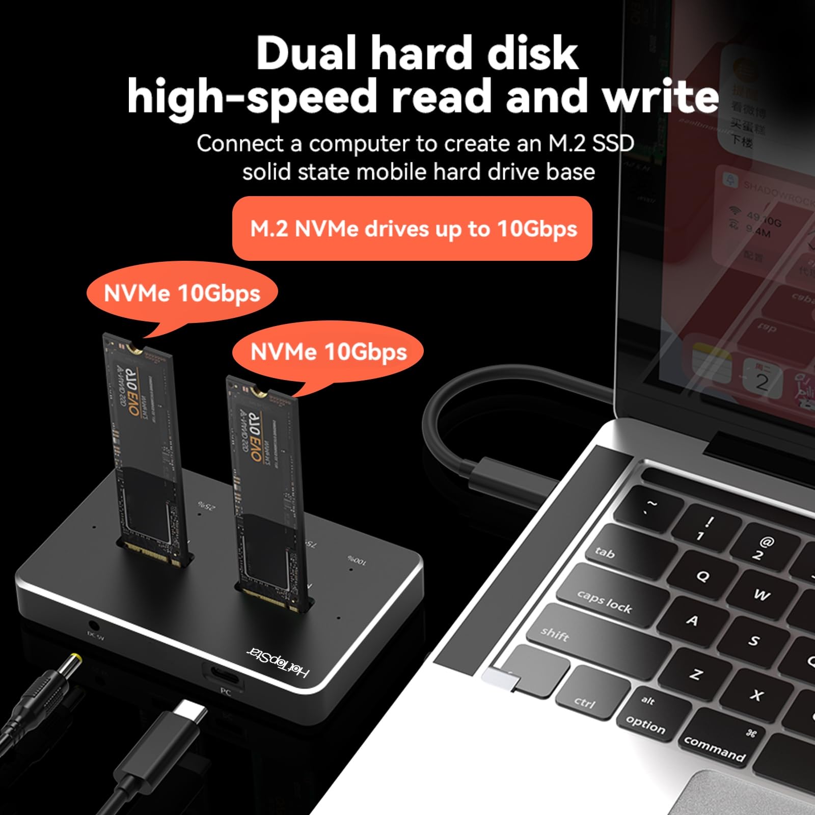 Adattatore SSD M.2 NVME Dual USB 3.1 Gen 2 10Gbps, Adattatori e alloggiamenti per Hard disk esterno in alluminio per 2230 2242 2260 2280 per sistema Win/OSX/Linux