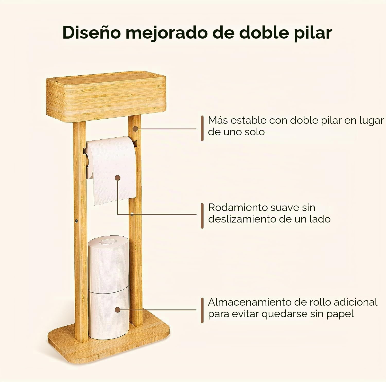 Portarrollos de papel higiénico 4 en 1 con caja de almacenamiento, organizador de papel higiénico de pie de bambú para baño, escritorio temporal