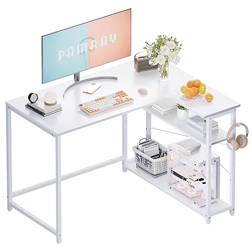 Pamray 43 Inch L Shaped Computer Desk with Reversible Side Storage Shelves, Small Corner Desk for Small Space Home Office,Writing Study Table PC Desk for Bedroom,White - White - 43 inch