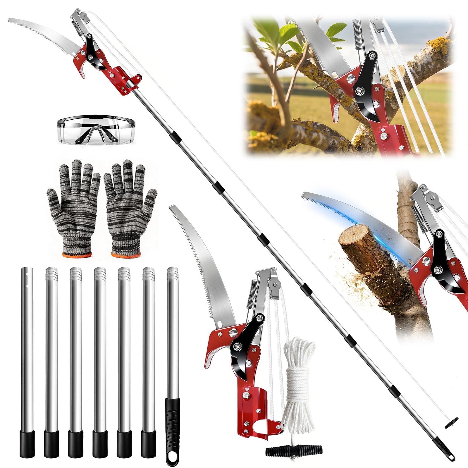 Photo 1 of Pole Saw for Tree Trimming,Long Handle Branch Cutter Pole,Manual Pole Cutter for Yard Garden Patios Trees Branches Cutting (Red, 10FT)