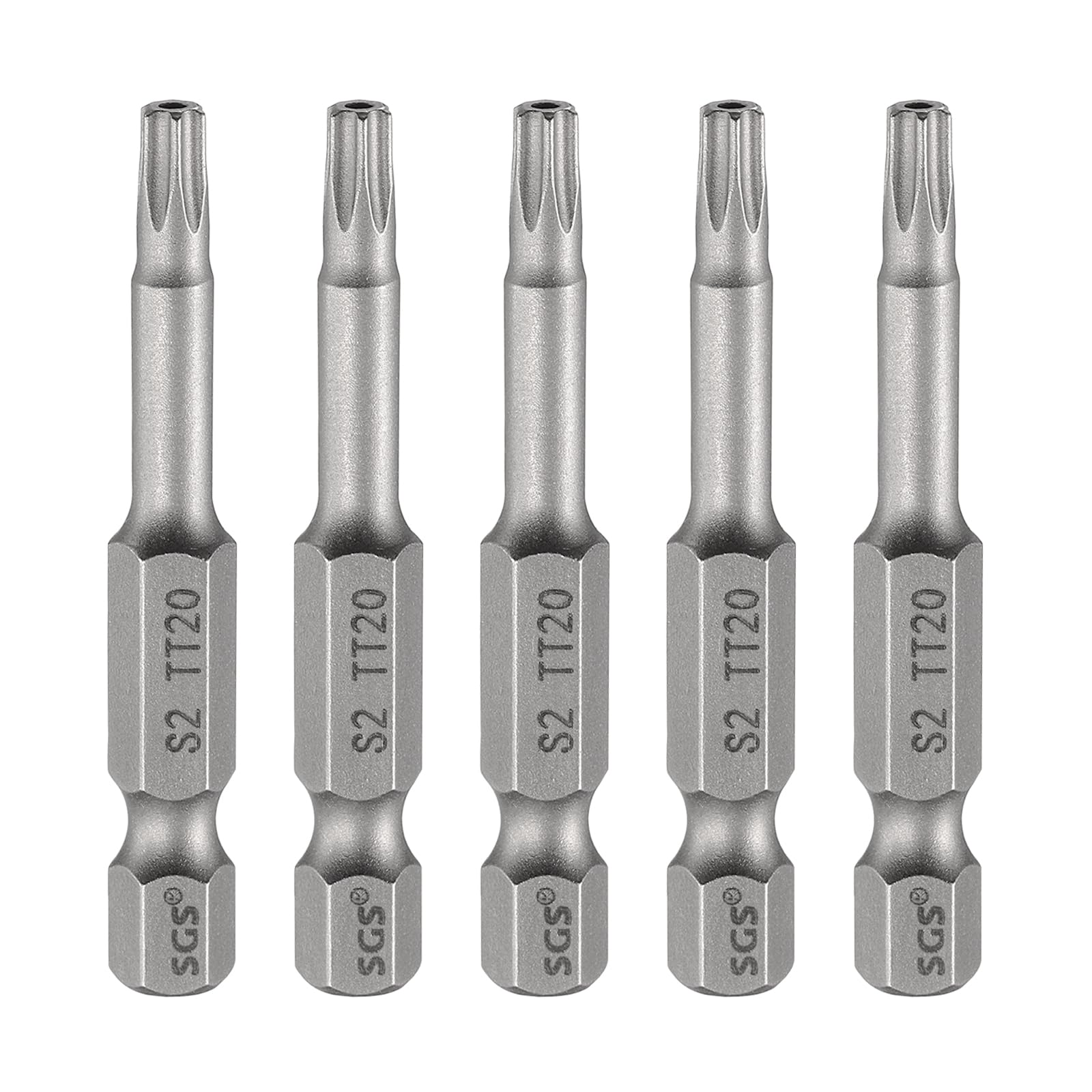 sourcing map 5pcs TT20 Security Torx Head Screwdriver Bit 2" (50mm) Long 1/4" Hex Shank Magnetic Tamper Proof 6 Point Star Screw Driver Drill Bits S2 Steel Hole Tip Industrial Power Tools