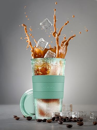 Miniatura 4 de GALVANOX Taza de café helado congelable con tapa y popote (20 onzas), vaso térmico reutilizable con funda de agarre (verde)