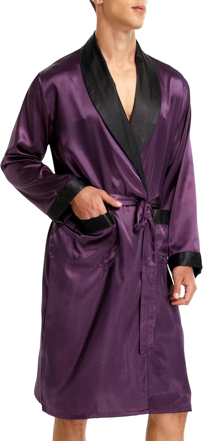 Sanraflic® Mens Satin Robe Lightweight Silk Long Sleeve Bathrobe with Shorts Set Spa Kimono Sleepwear Nightwear - Image 3