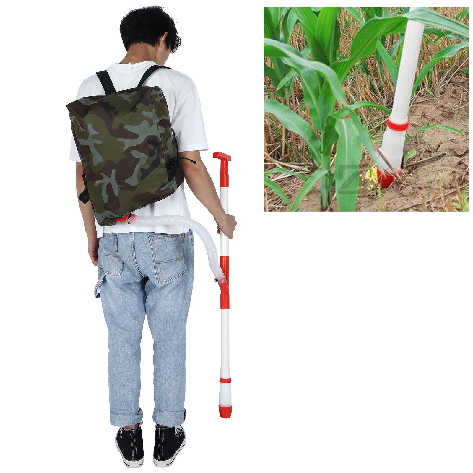 Spandiconcime manuale con manopola regolabile, strumento di fertilizzazione agricola, design ergonomico con manico con borsa mimetica per mais, verdure, canna da zucchero, alberi da frutto