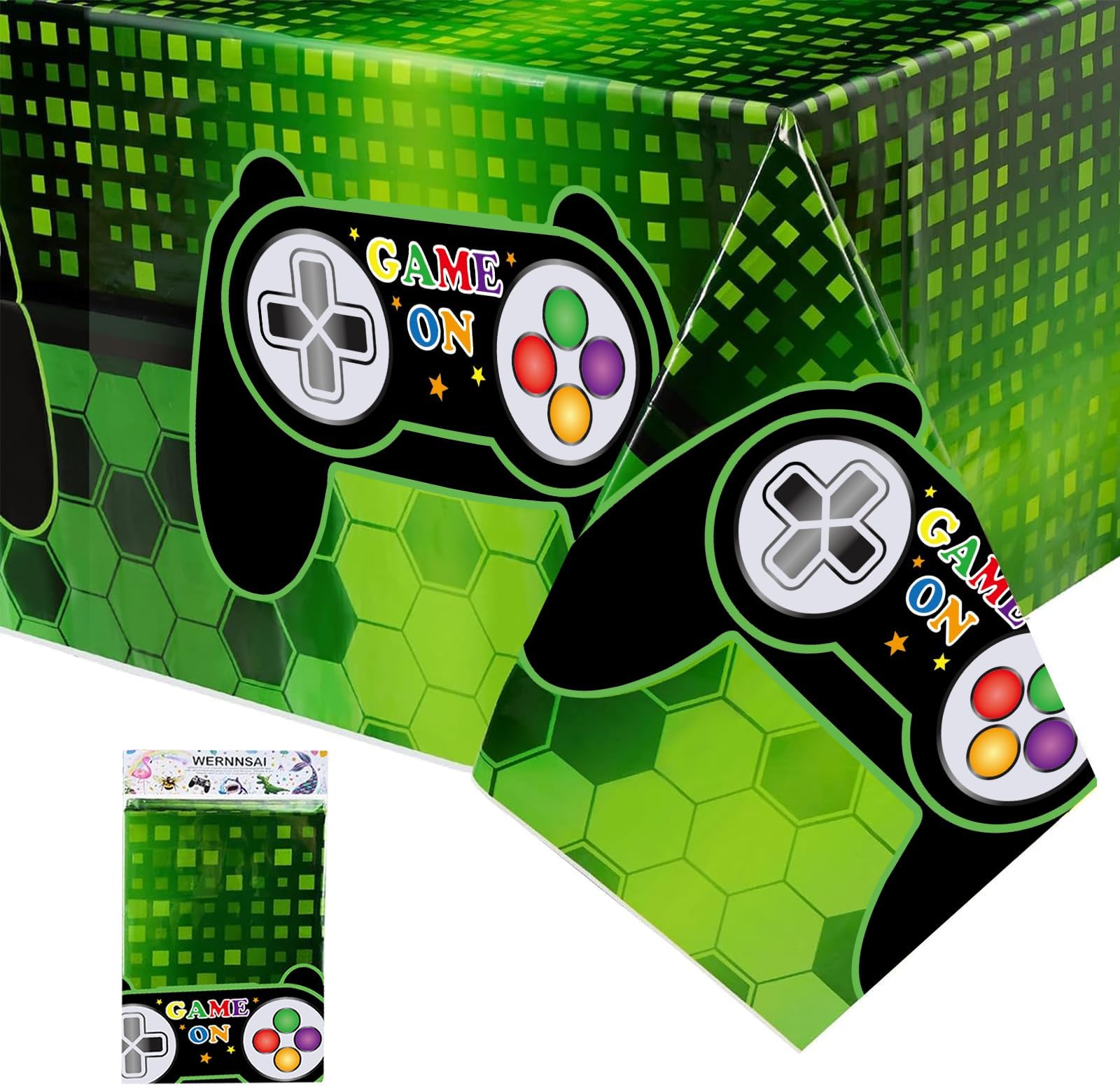 WERNNSAI Video Game Tablecloth - 1 PC Gaming Birthday Party Table Cover Rectangular Table Cloth for Kids Boys Birthday Party Decoration Supplies Green 137 x 274 CM