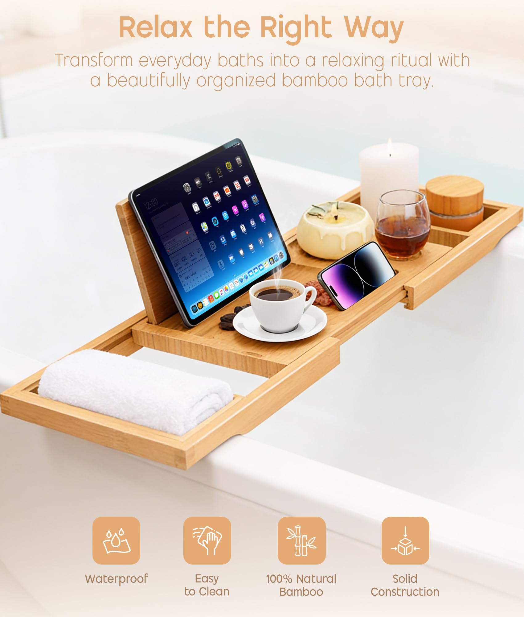 ADOV Bandeja de baño, extensible de madera de bambú de lujo con soporte integrado para libros, teléfono, tableta, vela, jabón, toalla, copa de vino, puente ajustable sobre la bañera que se adapta a la
