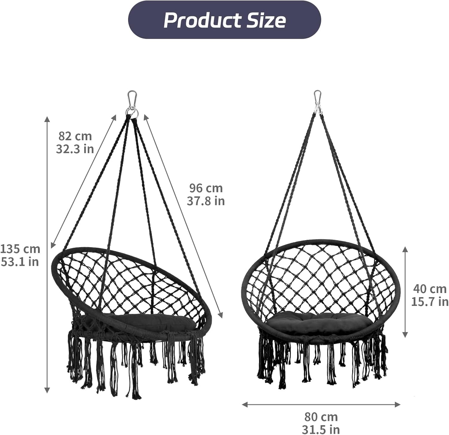 Lounge Hanging Swing Chair 330 LBS, Hanging Cotton Rope Swing Chairs with Cushion and Hardware Kits, Hanging Chairs for Indoor Outdoor Bedroom Garden Use (Black)
