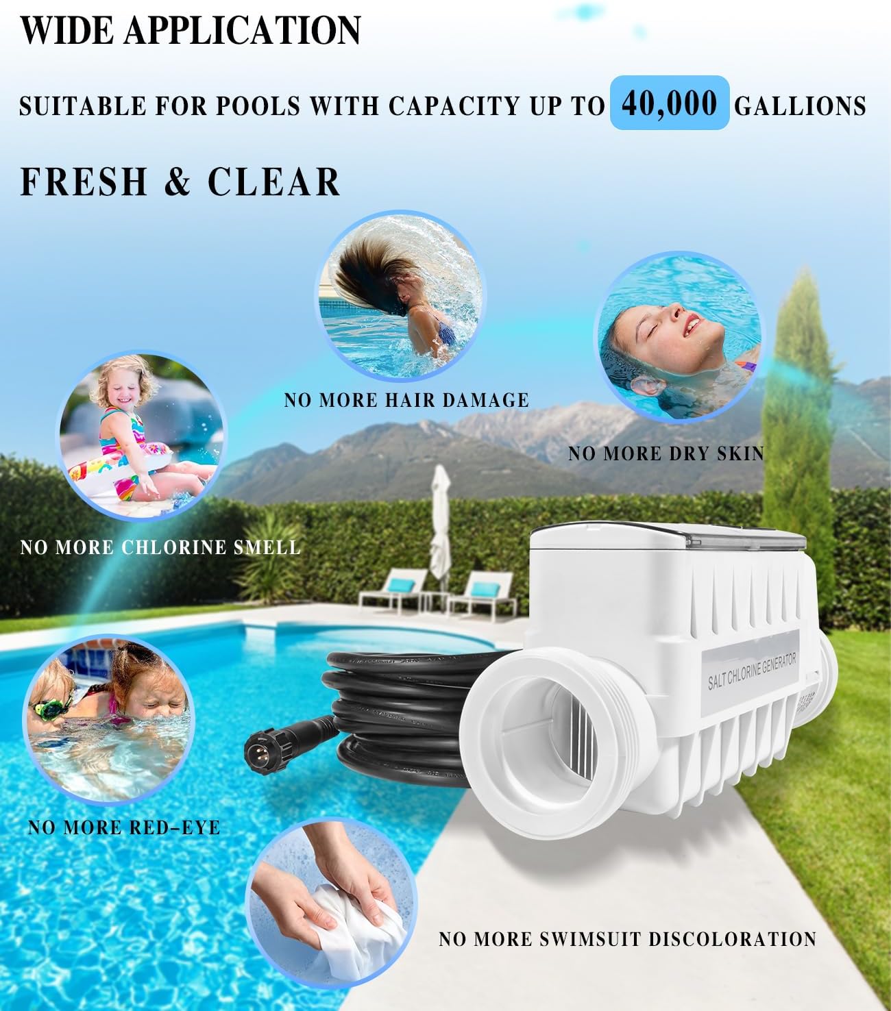 520555 Salt Chlorine Generator Cell, Suitable for Pools Up to 40,000 Gallons, Includes 15' Cable 2" PVC Unions