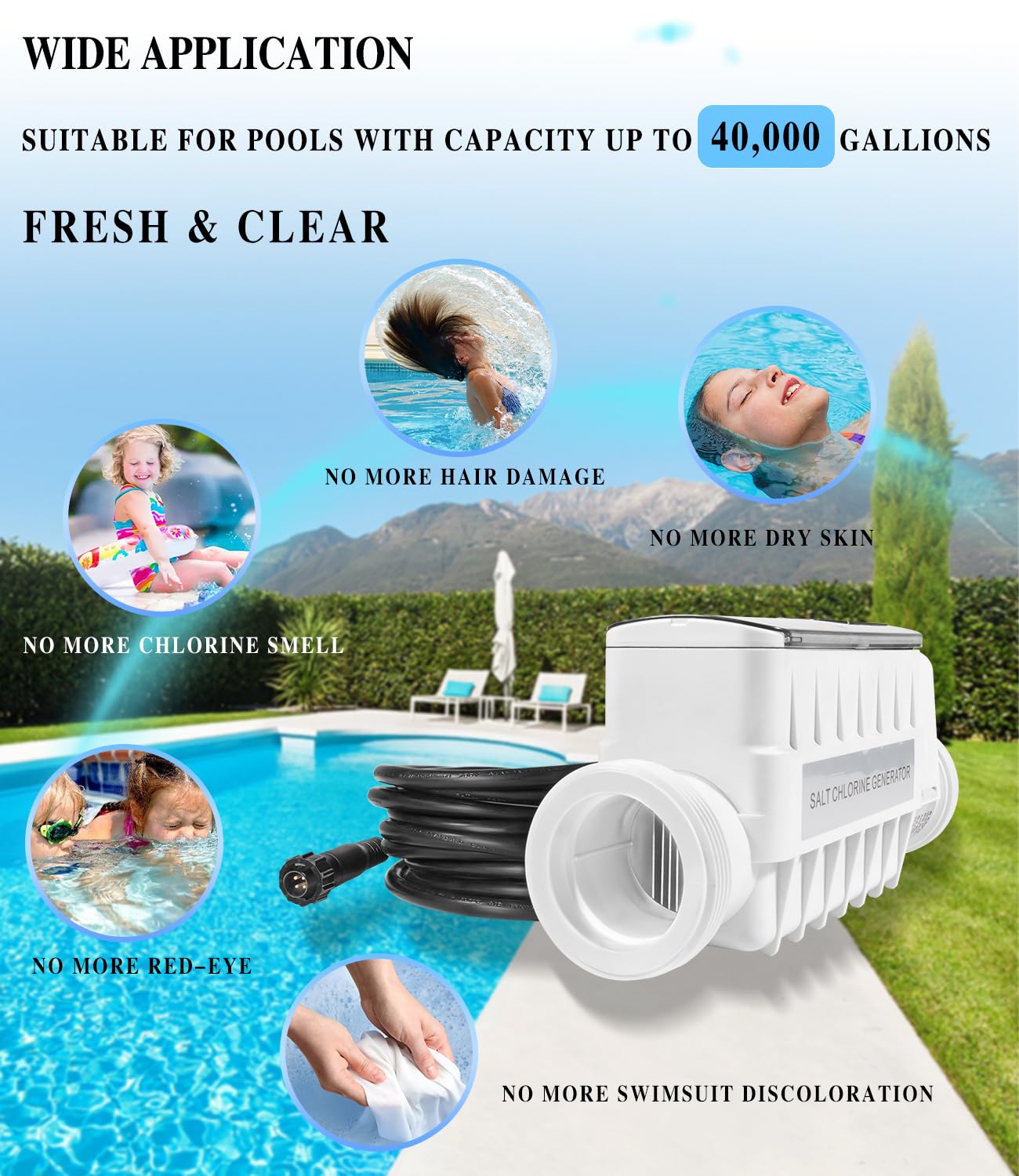520555 - Célula generadora de cloro salino, adecuada para piscinas de hasta 40,000 galones, incluye cable de 15 pies y uniones de PVC de 2 pulgadas