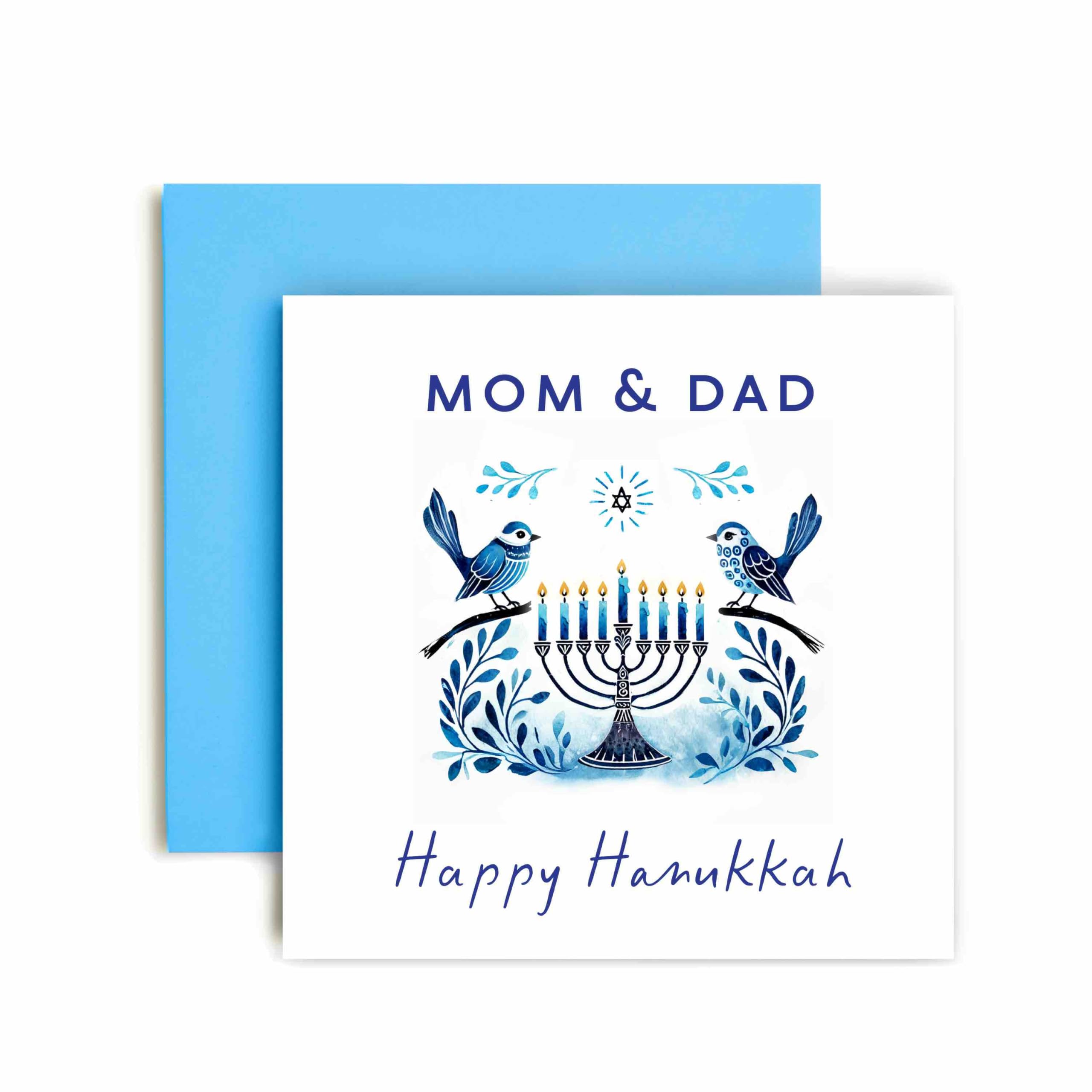 Huxters Hanukkah Cardfor Mom and Dad – Menorah and Bird Watercolour Design – Jewish Festival of Lights DreidelTraditions (Mom and Dad)