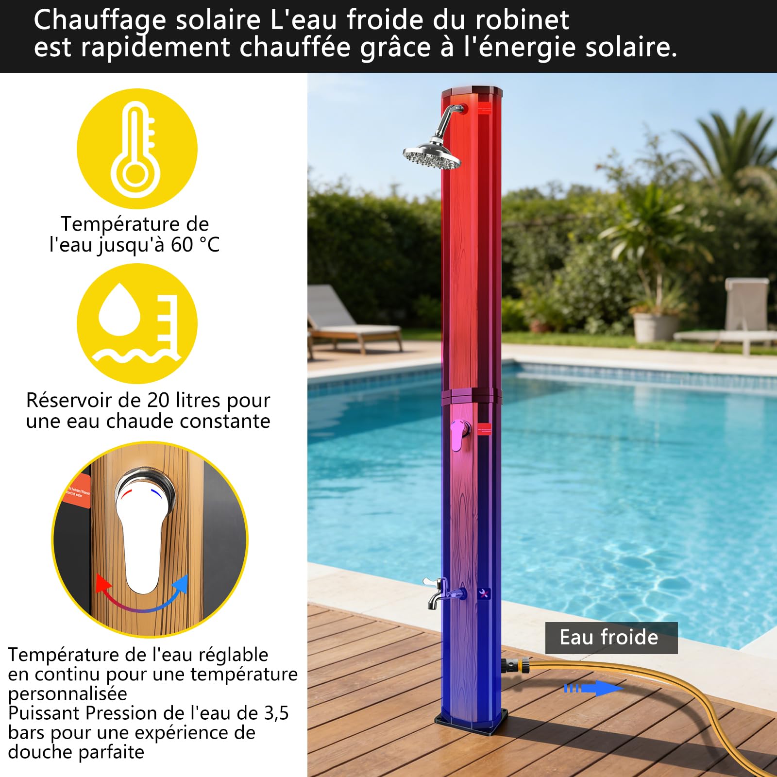 COOLWEST Douche Solaire de 40 Litres avec Fond en Plastique, Douche de Jardin Solaire avec Pommeau de Douche Pivotant à 360 ° et Douche à pied, Température Réglable Jusqu'à 60 °C, pour Jardin, Piscine