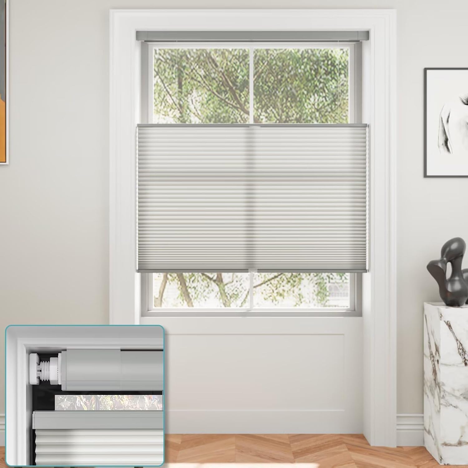 Myshade Custom 1.5 Inch No Drill No Tools Cellular Shades for Indoor Windows Top Down Bottom Up Shades Easy to Install Cordless Blinds for Home Room Darkening, Gray-Light Filtering