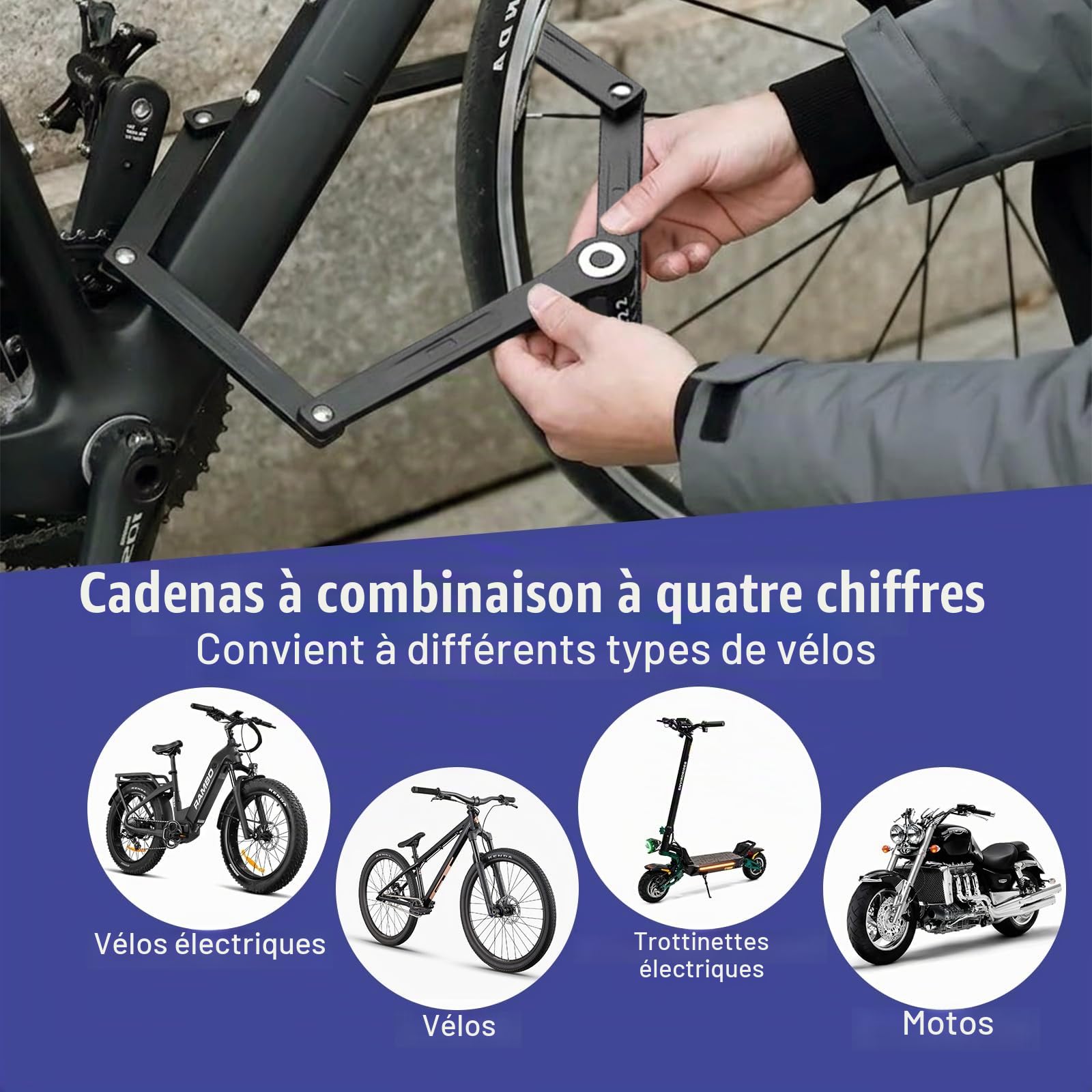 120 cm Antivol Vélo Pliable, Cadenas Velo avec Support | avec Combinaison à 4 Chiffres, avec 10000 Combinaisons Possibles, Protection Antivol et Haute Sécurité, Robuste et Résistant