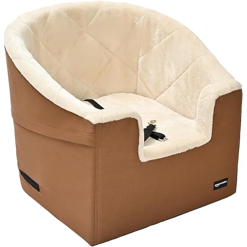 Amazon Basics Dog Car Seat Booster for Small Dogs up to 25lbs, Washable Removable Cover, Safety Leash, Elevated View for Window, 18" x 18" x 16", Tan