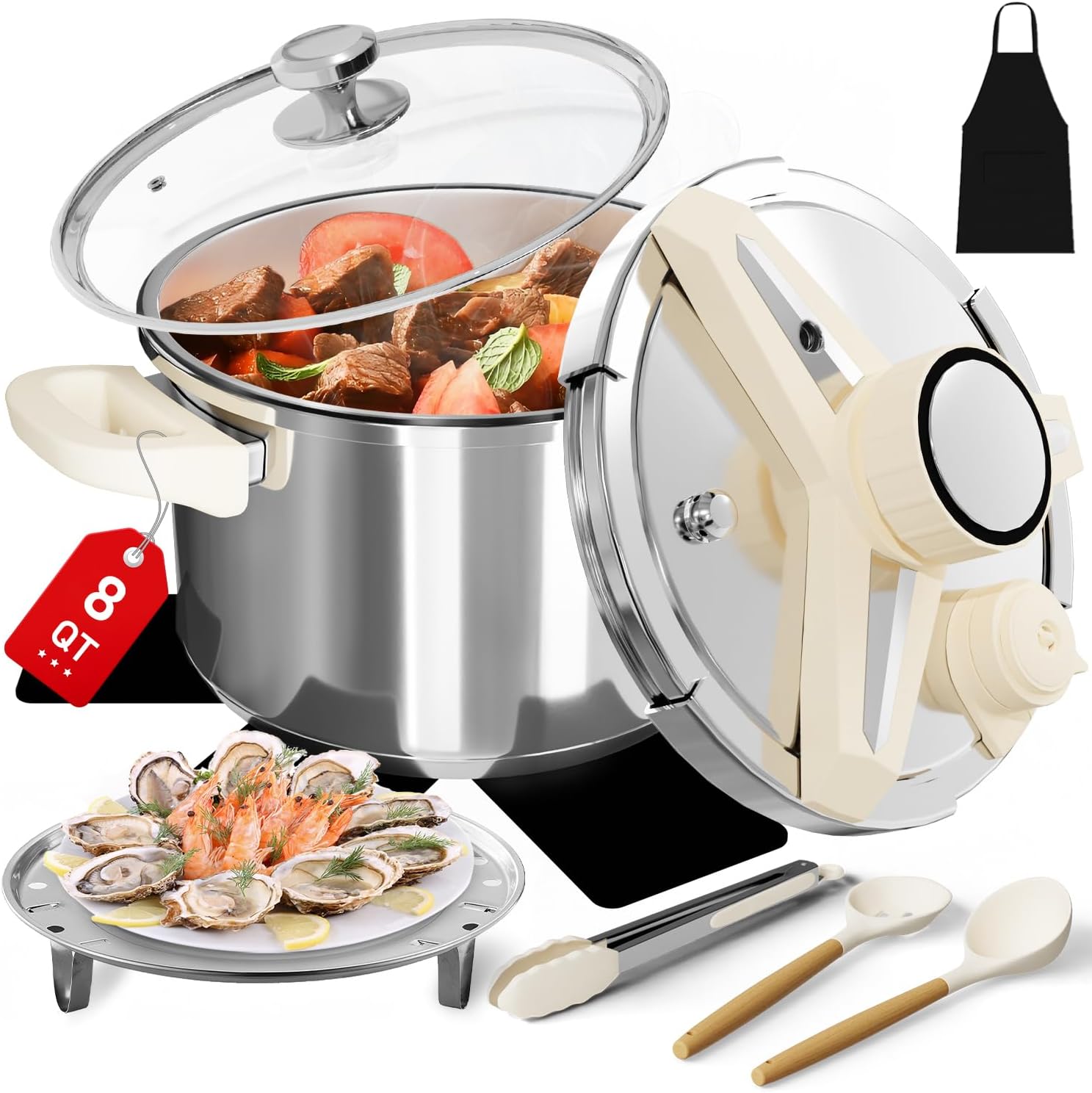 8 QT Stainless Steel Pressure Cooker, 10 pcs Olla de Presion Set, Cooking Pressure Cooker with 3 PSl Settings Release Valve & Multiple Protective Devices, Compatible with Induction and Gas Stovetops Silver