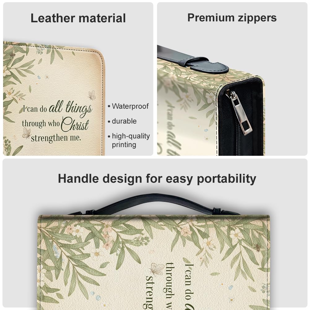 Hobbspring Bible Holder Case for School Office Olive Tree Bible Protective with Handle Bookmark Butterfly Bibles Cover with Zipper and Label Stickers for Students Adults Green PU Leather Bag - Image 4