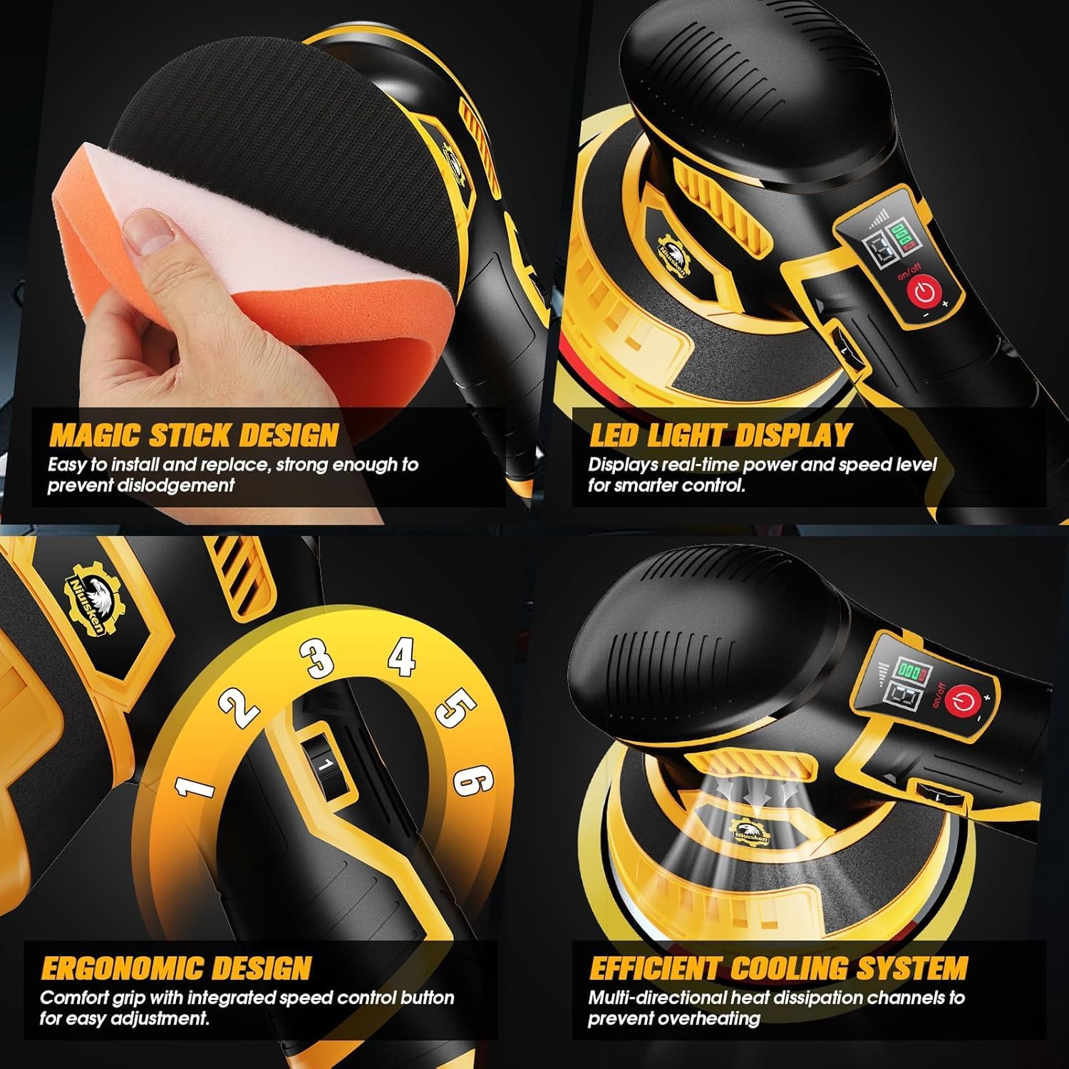 5 Inch Cordless Car Buffer & Polisher Kit [2x 2000mAh 12V Batteries & 18 PCS Attachments] 6-Speed Orbital Design, LED Display, Lightweight Detailing Tool for Waxing, Polishing - Yellow