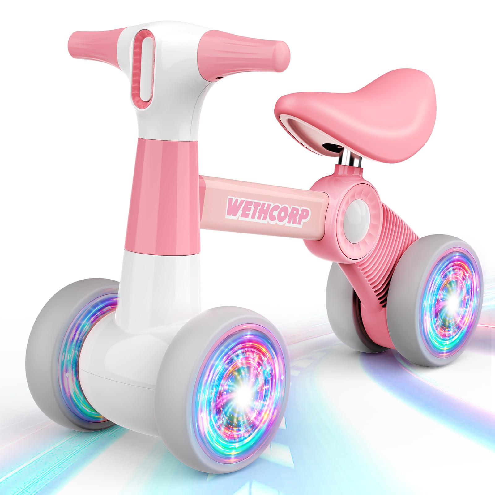 Dislocati Baby Balance Bike 1 2 Year Old, 4 Wheels Lighting Ride Toddler Toys for 1 2 Year Old Boys Girls Kids Balance Bike Gifts for 1 2 Year Old Girls Birthday Present First Birthday Gifts for Girls