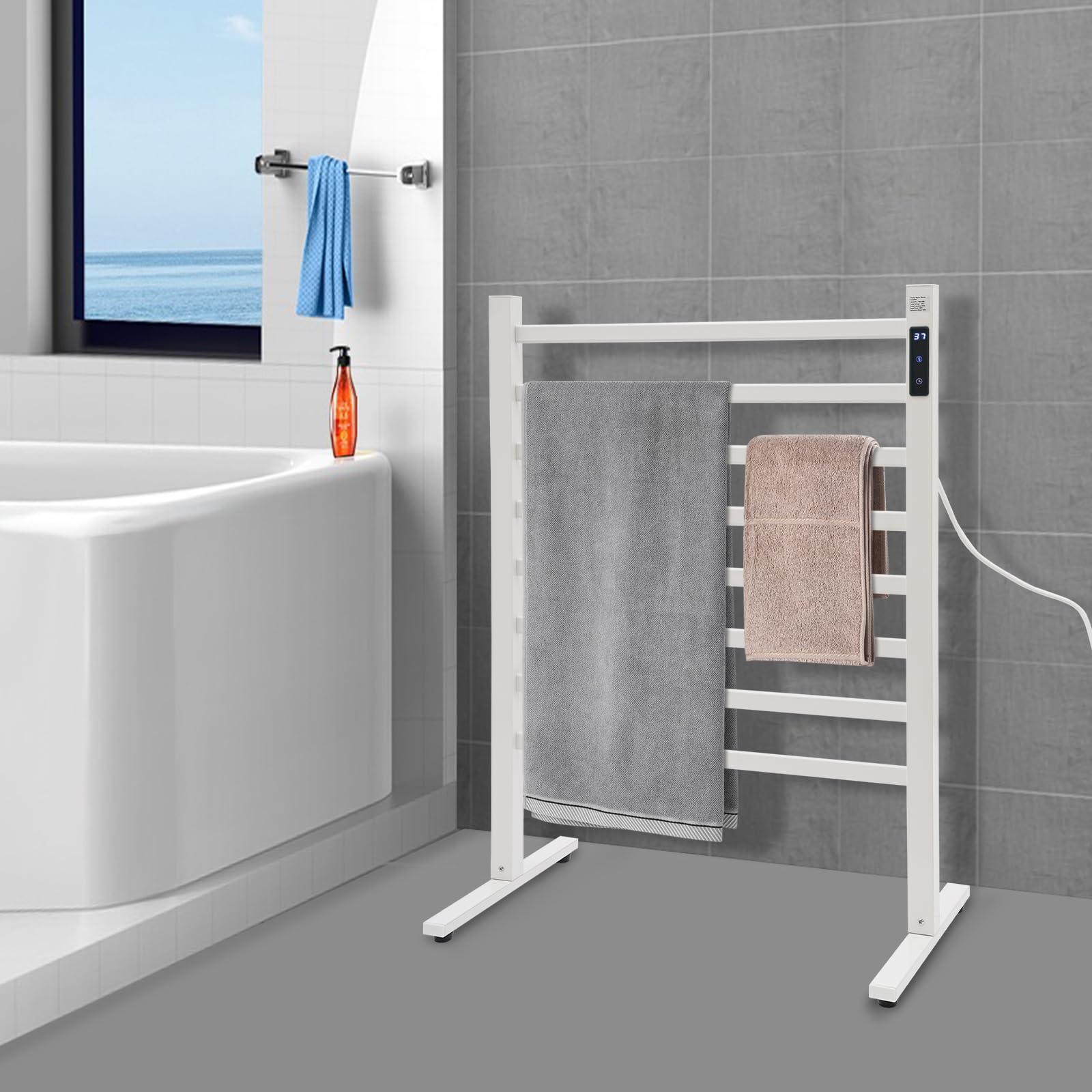 Elektrischer Handtuchheizkörper Freistehend Beheiztes Handtuchgestell 180W 45-65℃ Handtuchwärmer Weiß elektrisches Handtuchwärmergestell - Automatisch schließen - Aluminium