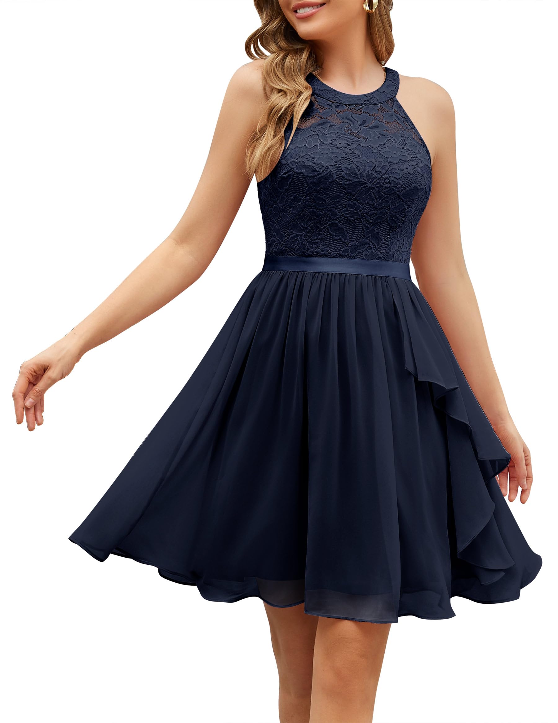 Wedtrend Robe de Cocktail Elégante pour Mariage A Ligne Neckholder Robe de Soirée Femme Mi-Longues Mousseline Robe de Clôture
