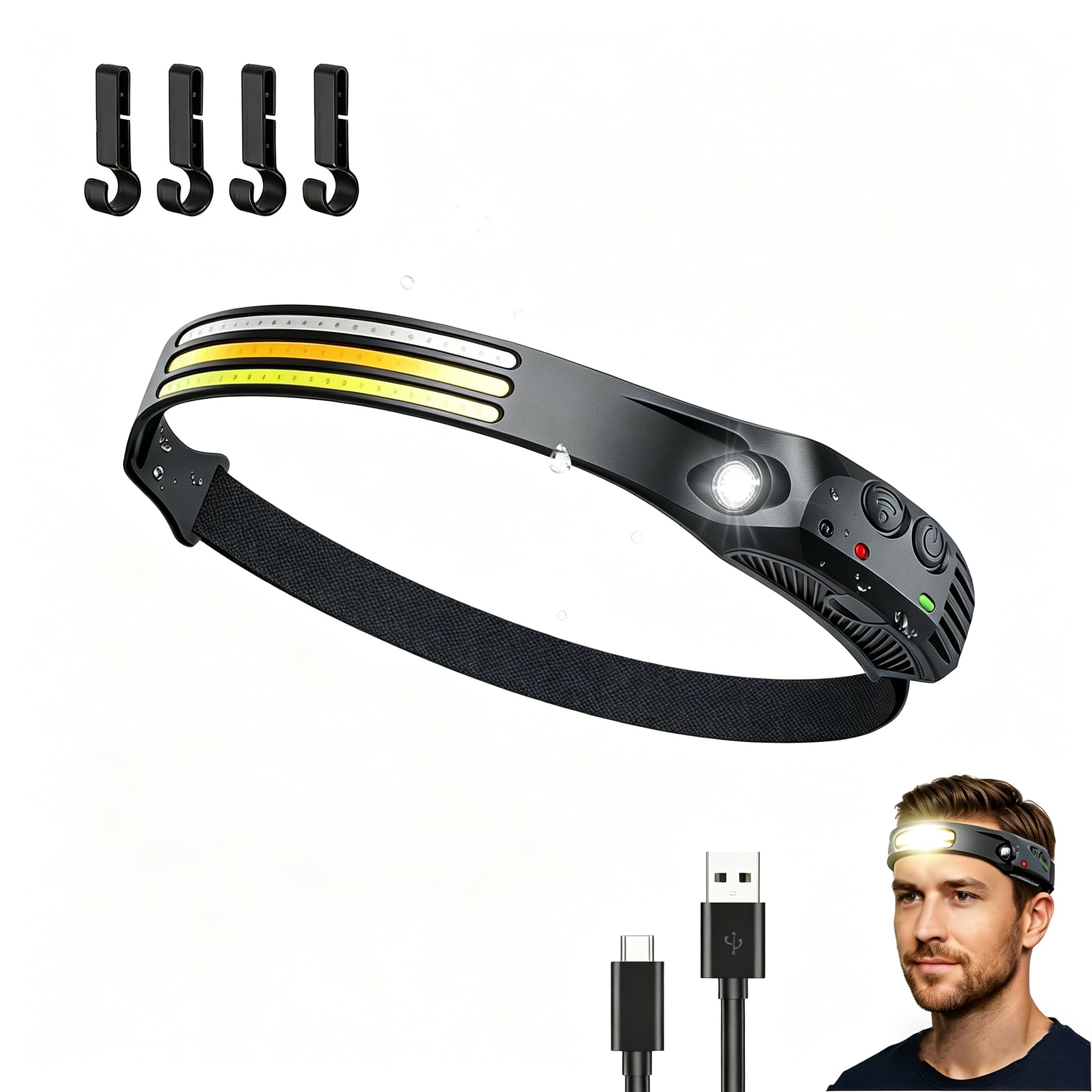 VIVIZEN Ultralight 98g COB LED Head Torch Rechargeable 230 Wide Angle Motion Sensor Headlamp with Red Yellow White Warning Light Hands Free Flashlight for Camping Safety Emergency