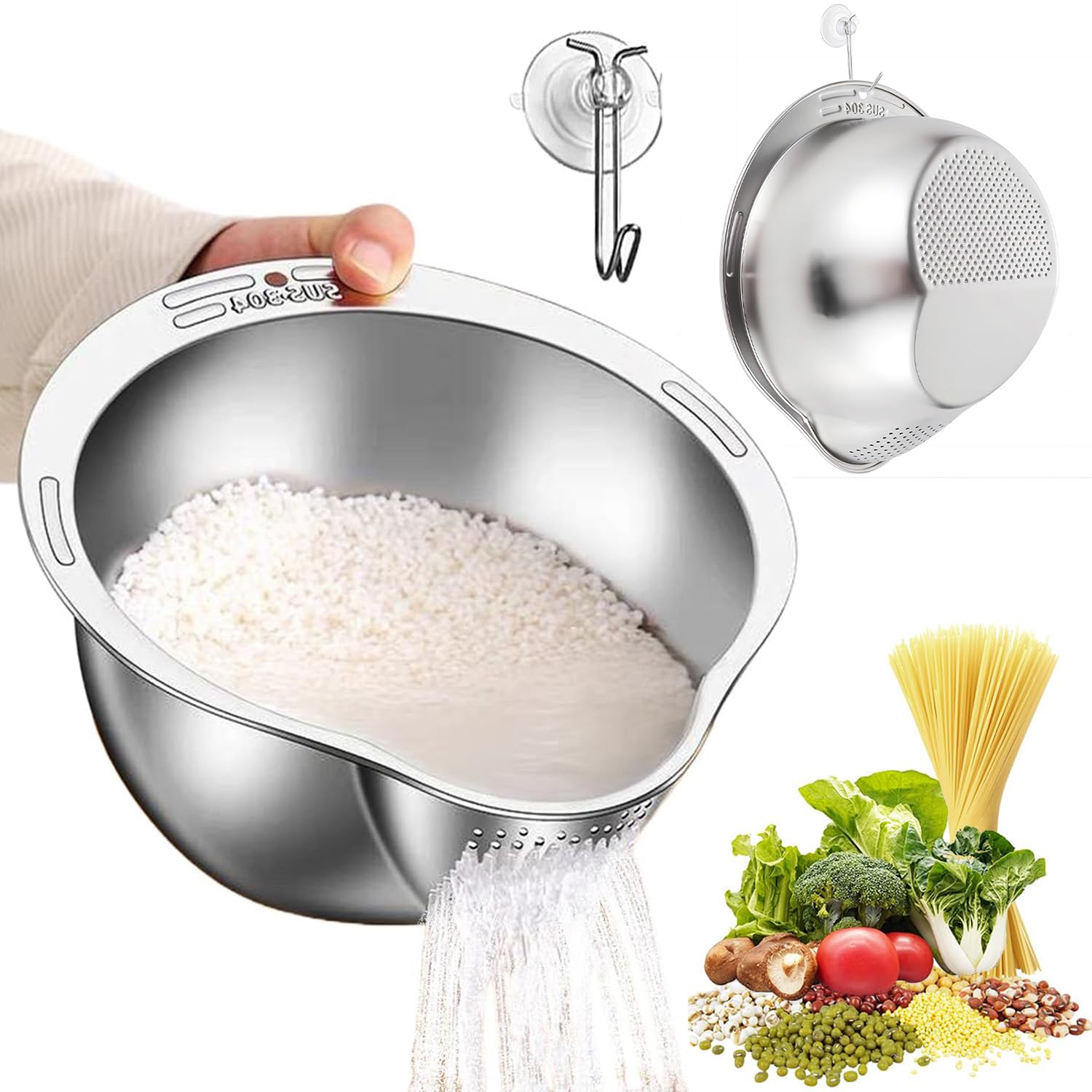 Exquilnova Rice Strainer,Rice Washer with Side Sieve,Stainless Steel Rice Washing Bowl for Cleaning Rice,Rice Washer Strainer for Cleaning Fruits,Beans and Vegetables