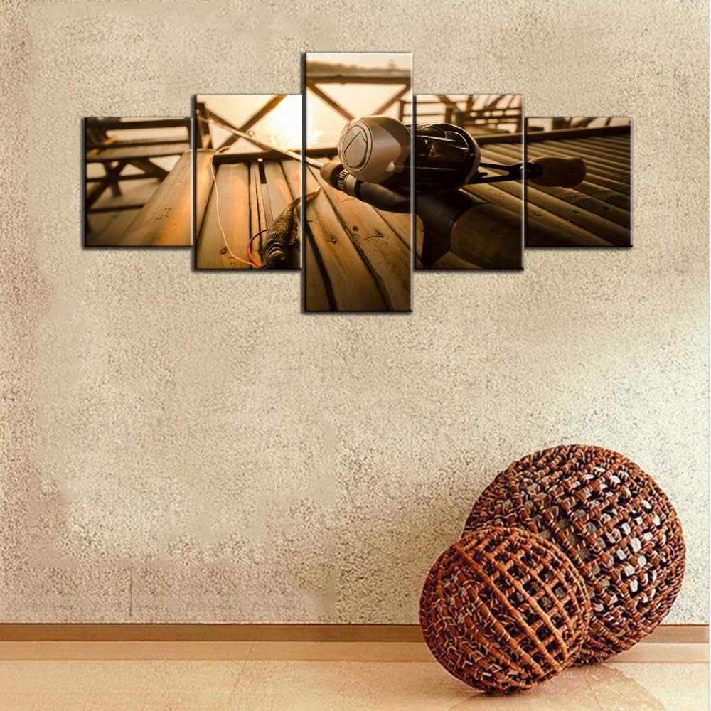 Wall Decorations for Living Room Fishing Rod and Reel Pictures Sunset Scenery Painting 5 Panels Printed on Canvas Artwork Contemporary Wall Art Framed Gallery-Wrapped Ready to Hang(50''Wx24''H) 50WX24H Artwork-22