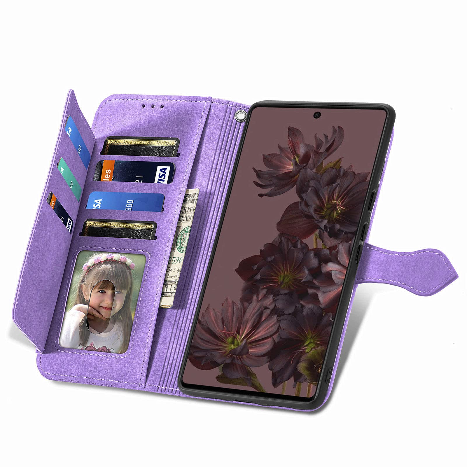 Custodia Portafoglio Per Google Pixel 7a Con Fiori In Rilievo E Tasca Zip - Rosa - 4