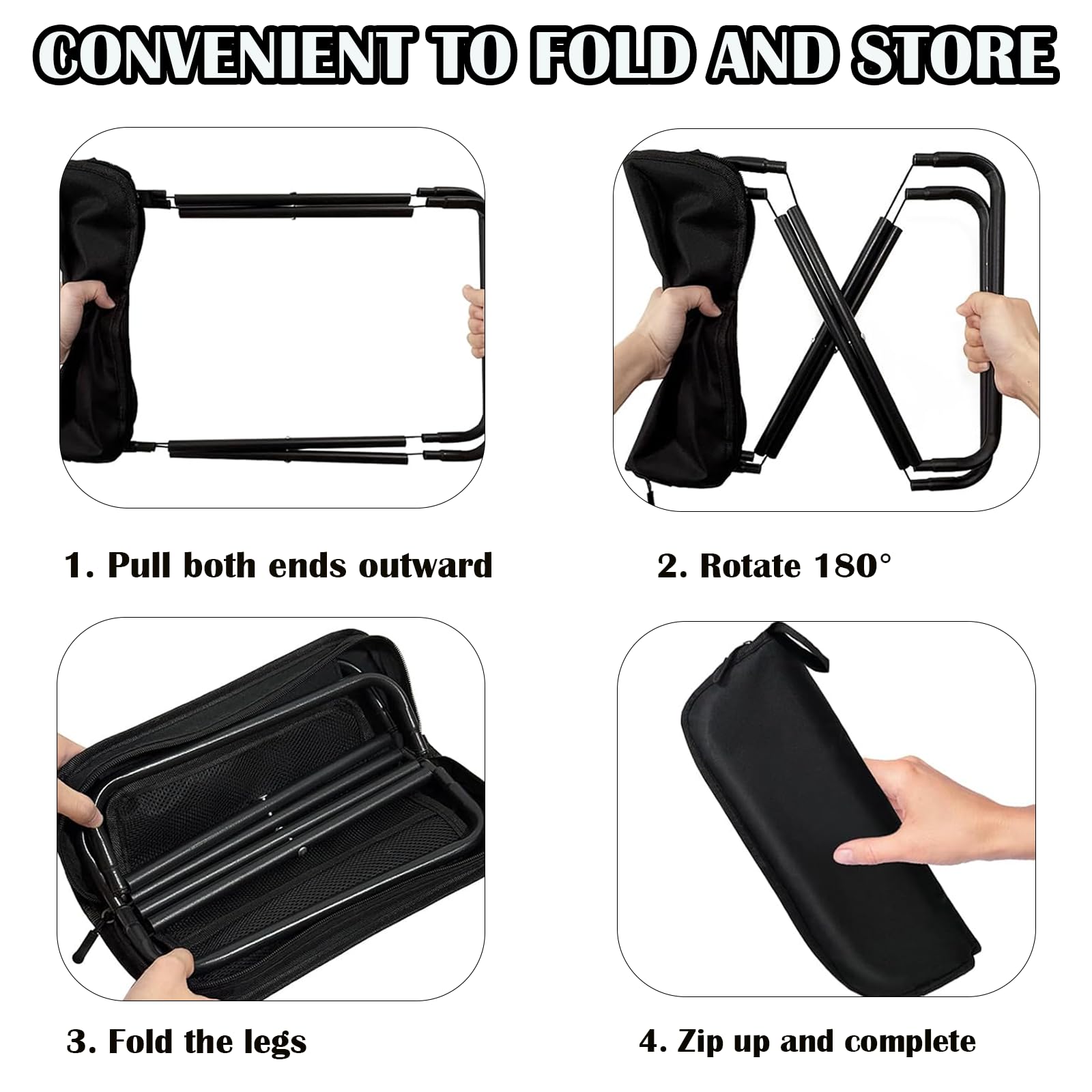 HUIZHOU Sgabello Pieghevole Portatile da Campeggio, Sedia Esterna Compatta e Leggera con Borsa e Cerniera, Robusta e Stabile, Ideale per Pesca, Escursionismo, Viaggi e Attività Outdoor (Nero)