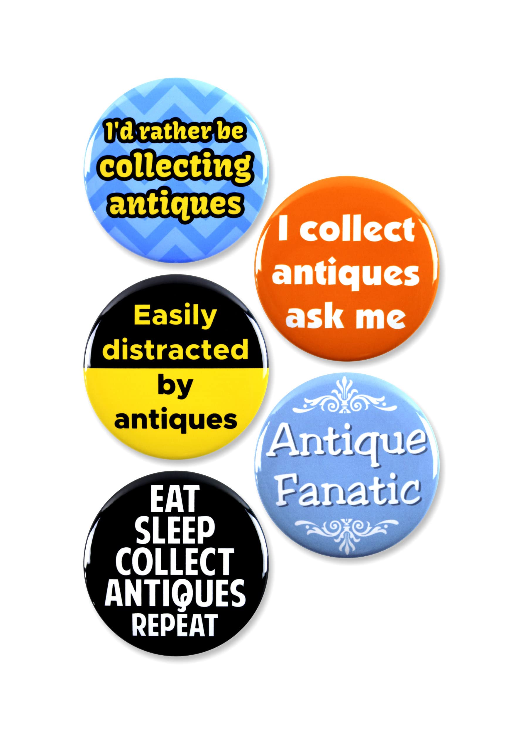 5 Pack - Antique Collector Antiquarian Pinback Buttons - 2.25 Inch