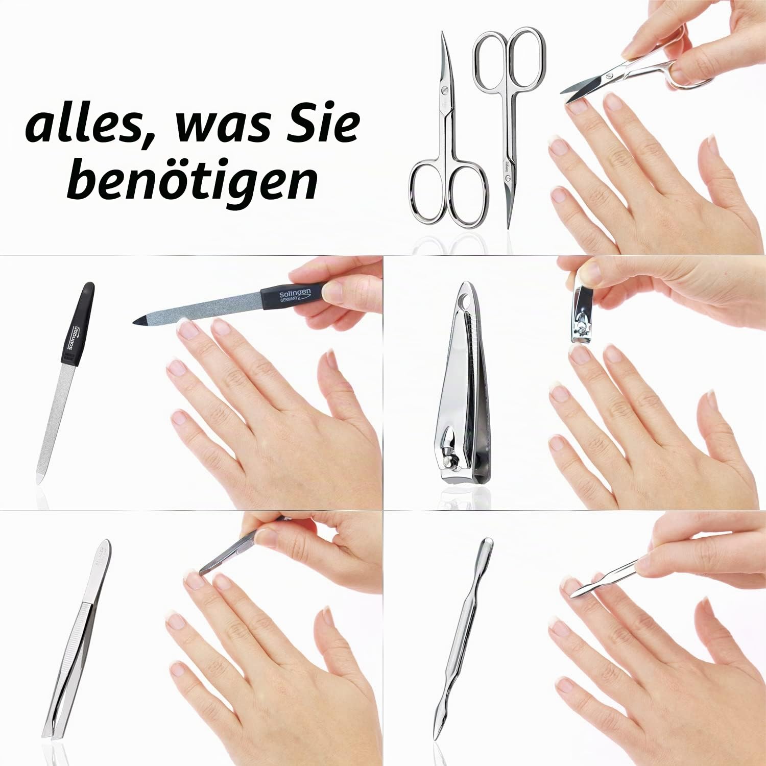 marQus Solingen Maniküre Set Herren und Damen 7 Teile mit Nagelzange - Made in Germany für Hand- und Fußpflege - Echt Leder Etui handlich und weich