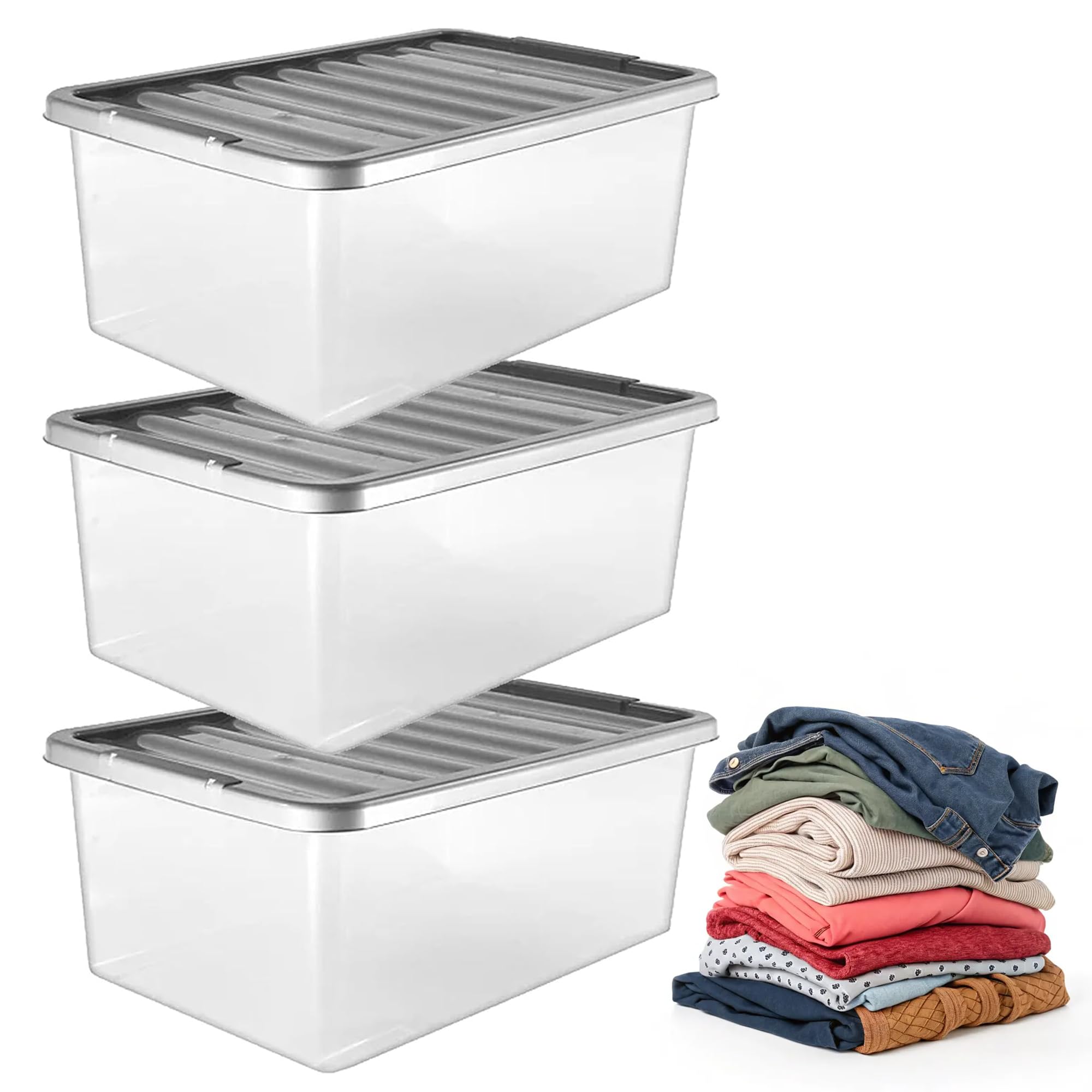 Pluto Packaging Clear 3 Pack 32 Litre Strong Stackable Durable Underbed Storage Boxes Complete With Silver Lids