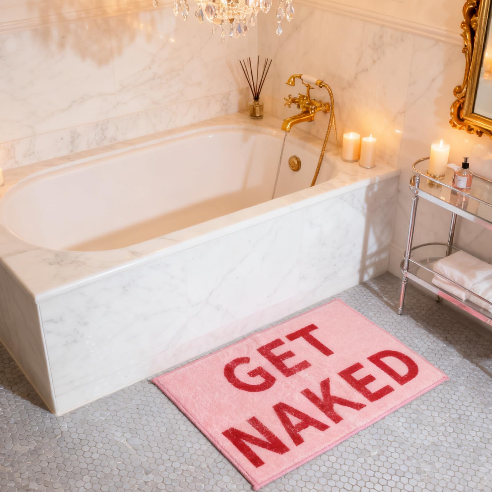 UOCAI Get Naked Bath Mat 40×60cm – Soft Pink Bathroom Rug with Quick Dry & Non Slip Backing – Cute Funky Colourful Shower Rug Décor, Washable Microfiber Bath Mats, Pink Bathroom Accessories