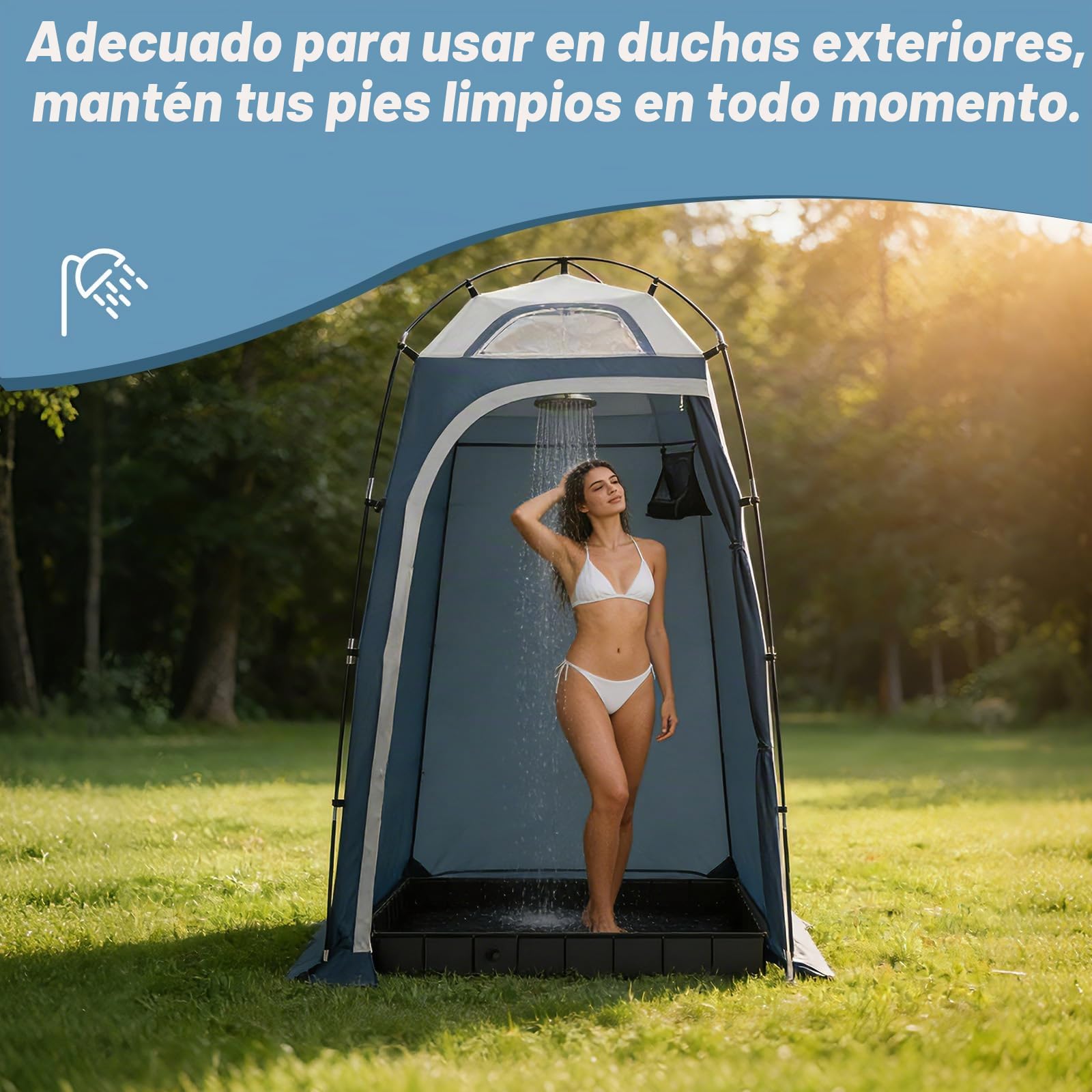 Base de ducha plegable, 104 x 104 x 13 cm, bandeja de ducha portátil para camping, con tubo de drenaje, 2 agujeros de aguas residuales, base de tienda de ducha, tienda de campaña, base de ducha para