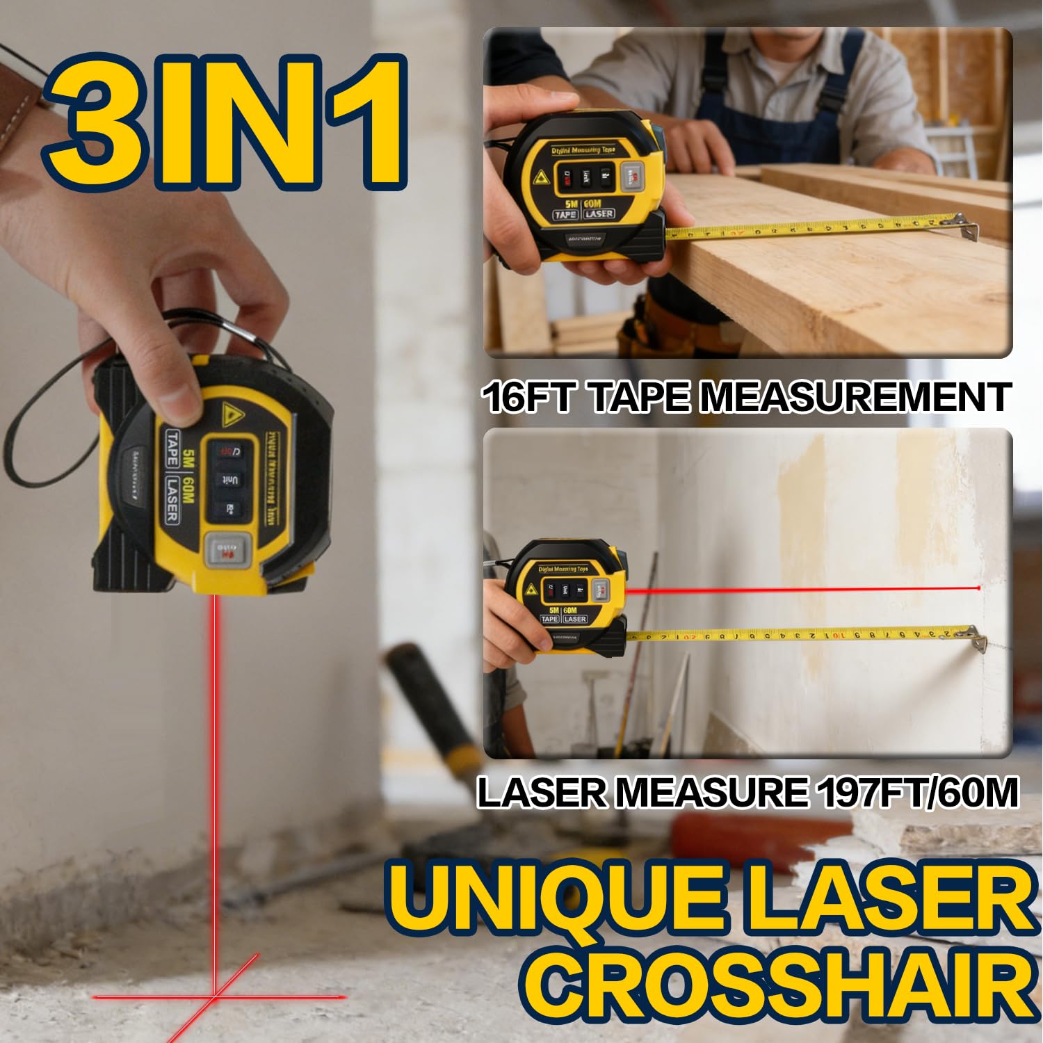 2026The Ruler 3-in-1 Measuring Tape, Tools Tape Measure, 3-in-1 Rangefinder with Led Display, 3 in 1 Digital Tape Measure with Cross Line, AutoLock, Measure Area, Volume, Pythagorean