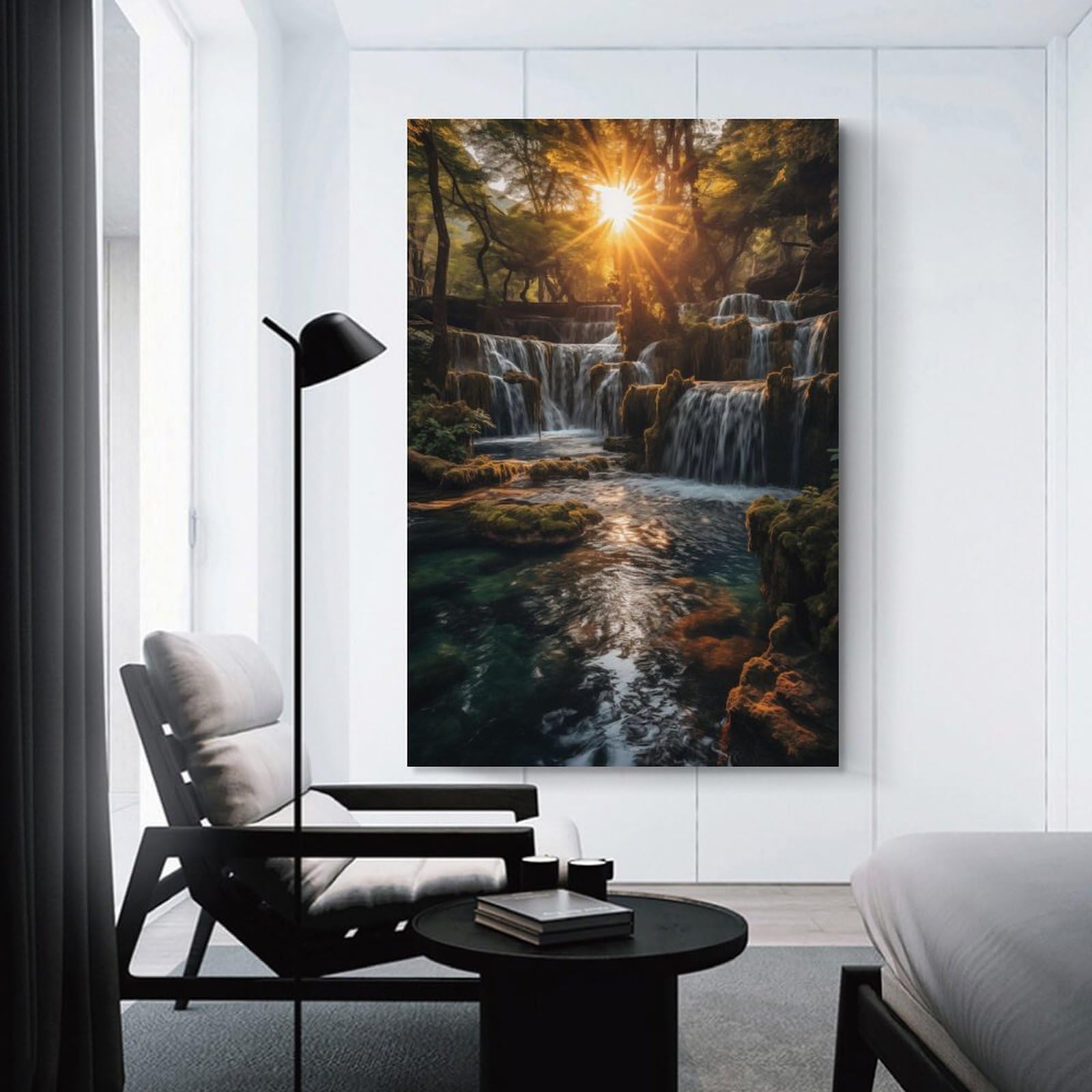 Junmoney Nature Waterfall in Suset Decorative Canvas Print 20x30inch(50x75cm), for Home, Office, Studio Or Guest Room, Versatile Wall Decor for Many Rooms