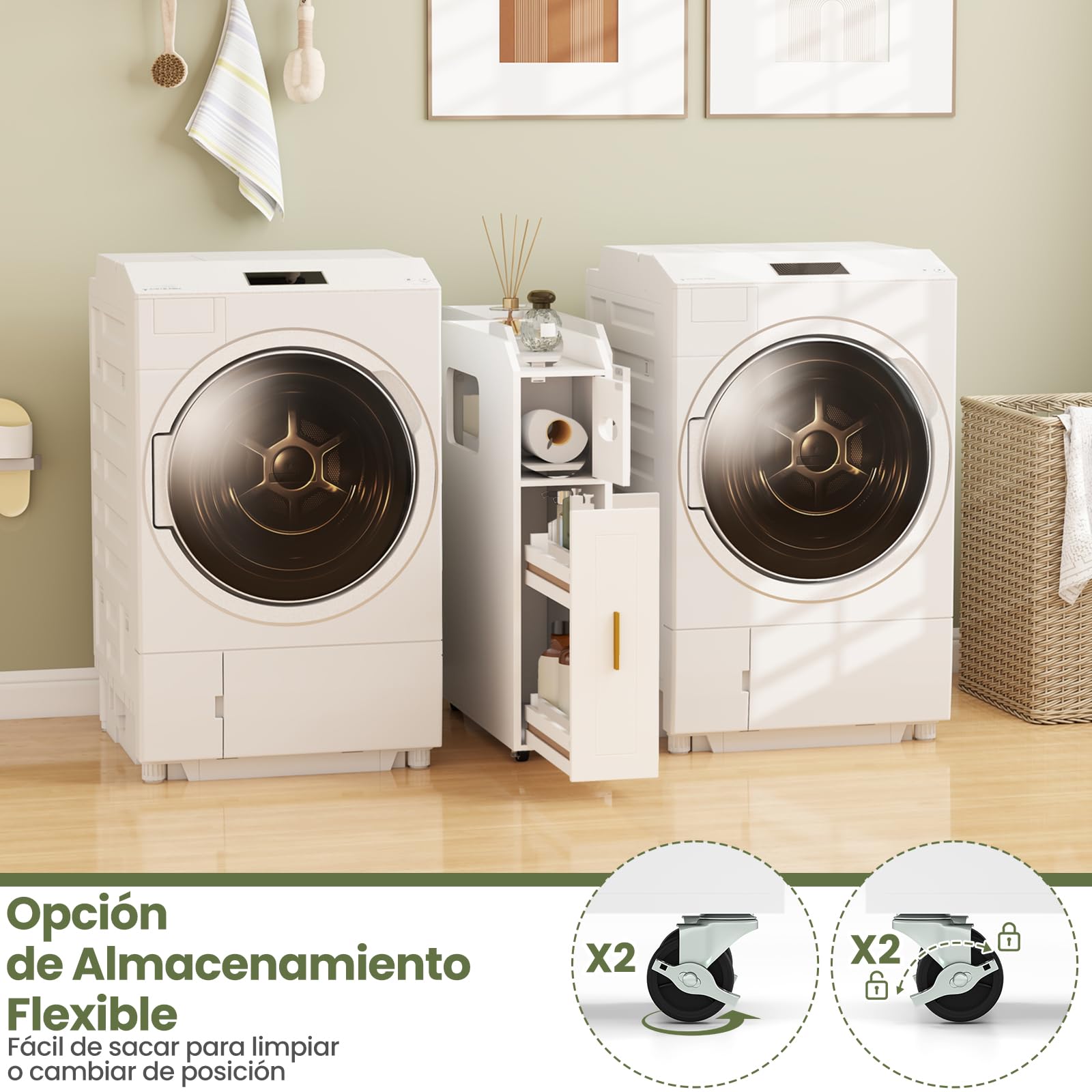 GIANTEX Mueble Estrecho de Baño con 2 Estantes Extraíbles y Compartimentos, Carro de Almacenamiento con 4 Ruedas, 50 x 16 x 69 cm, Armario Auxiliar Compacto para Baño, Salón, Dormitorio (Blanco)