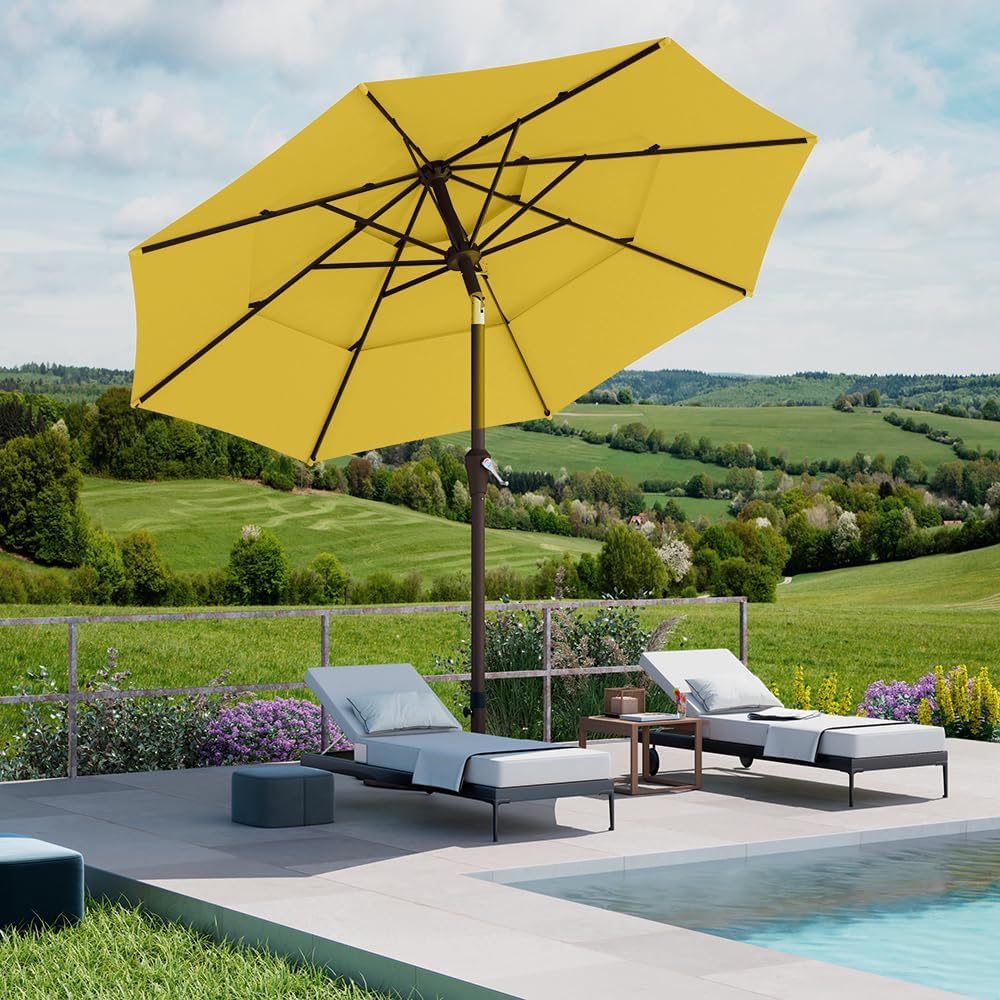 PatioKingdom 9ft 3-Tier Patio Market Umbrella with Crank/Tilt, Commercial Heavy Duty Wind Proof,Outdoor Table Umbrella with 8 Fiberglass Ribs,UPF50+ for Deck,Pool,Garden,Backyard