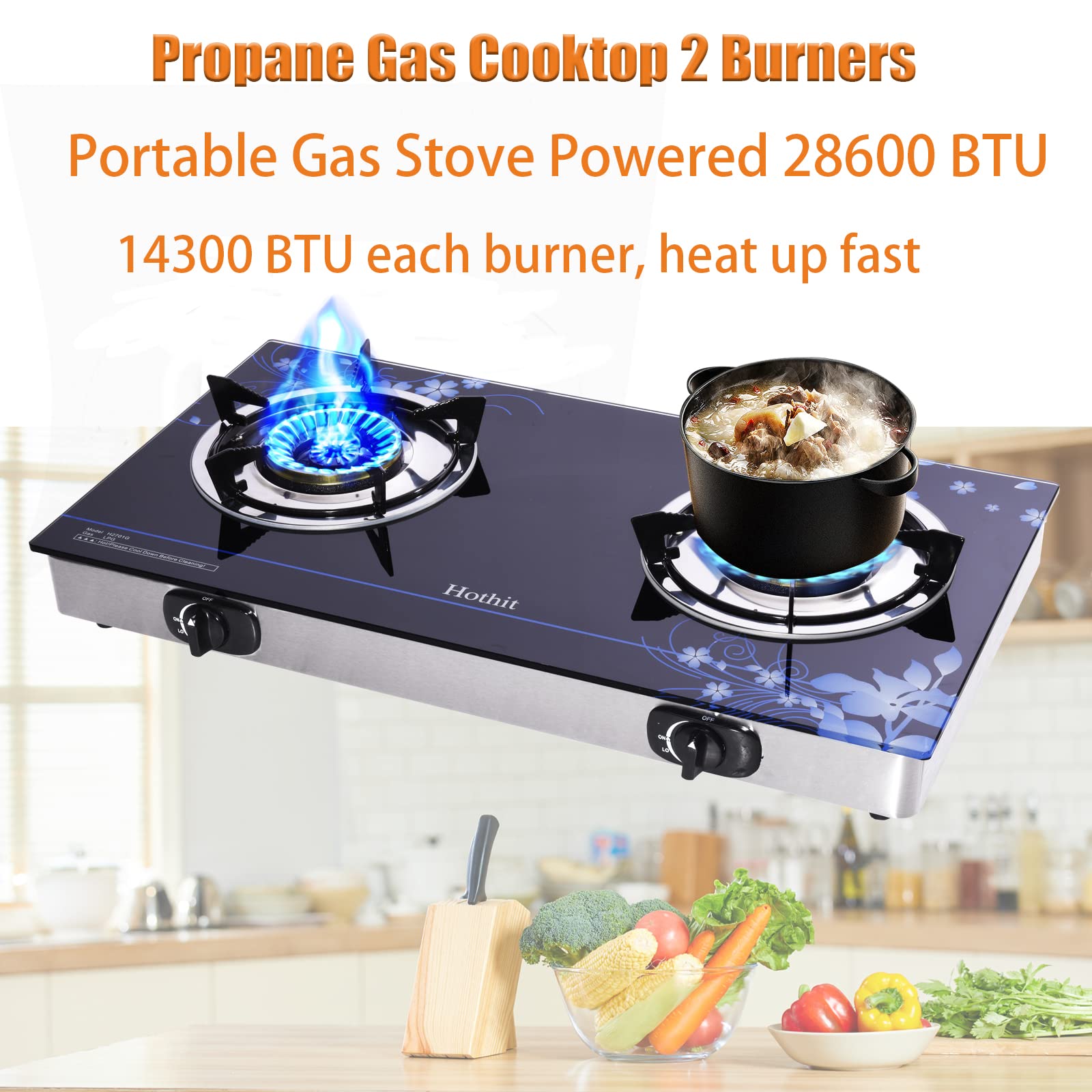 Hothit Gas Cooktop 2 Burner Outdoor Propane Stove, 28600 BTU, Portable