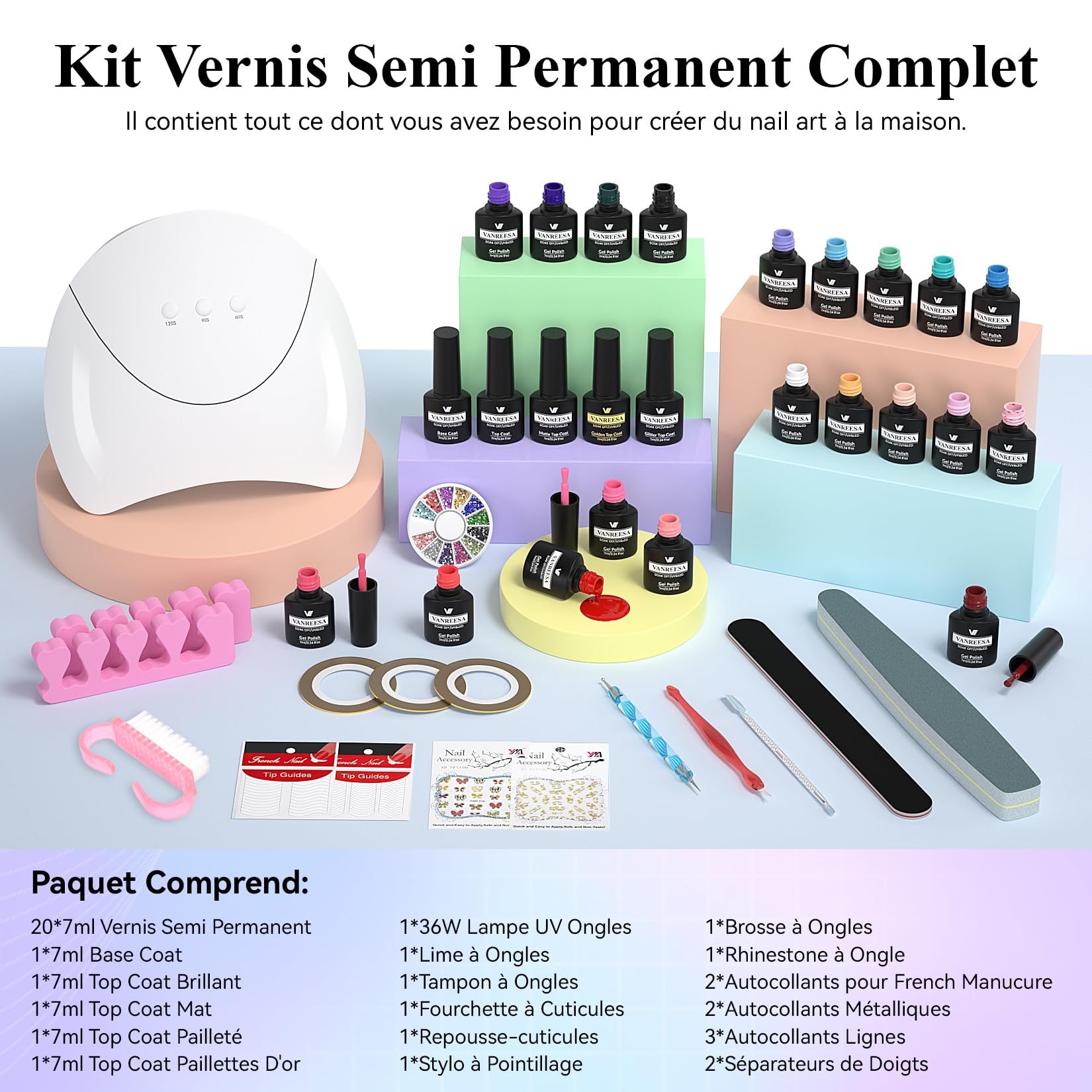 VANREESA 20 Colours Kit Vernis Semi Permanent, Kit Ongle Gel UV Complet avec Base Top Mat Pailleté Coat et Lampe LED 36W U V et Outils de Manucure, Set Manucure pour Débutants