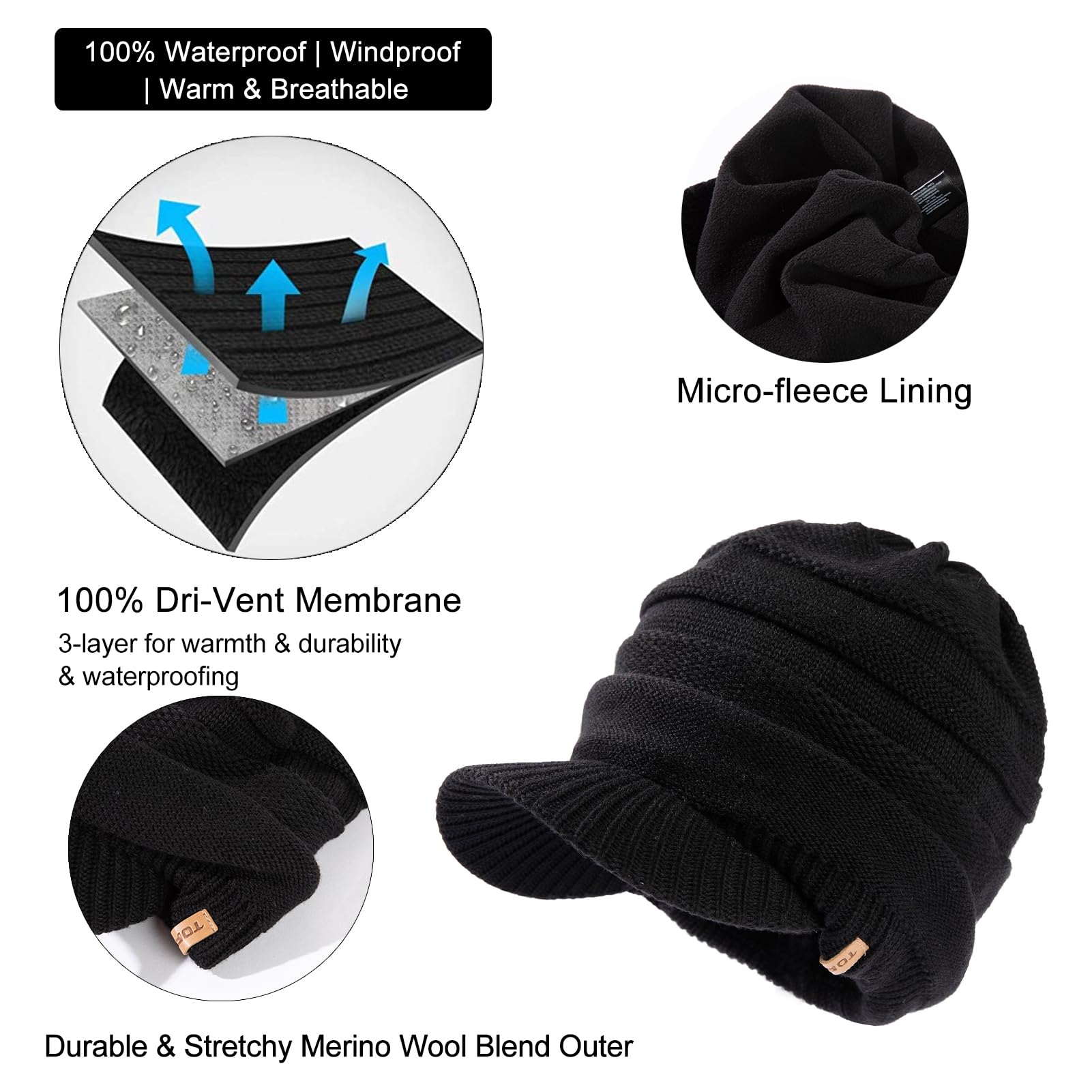 TOP-EX Bonnet d'hiver imperméable en laine mérinos avec doublure en polaire chaude pour temps froid, style unisexe