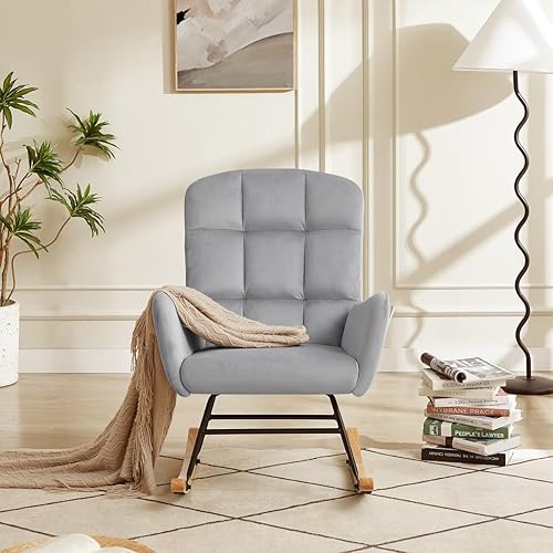 Miniatura 3 de hansones Mecedora para guardería, silla deslizadora tapizada con respaldo alto para sala de estar, dormitorio, oficinas (terciopelo gris)